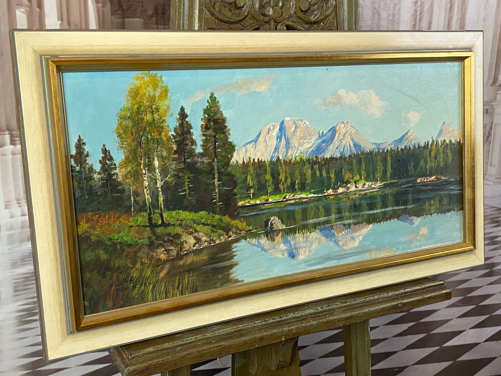 ÖLGEMÄLDE SIGNIERT HÖHNE MÜNCHEN - WEIHER LANDSCHAFT VOR GEBIRGE – Bild 11
