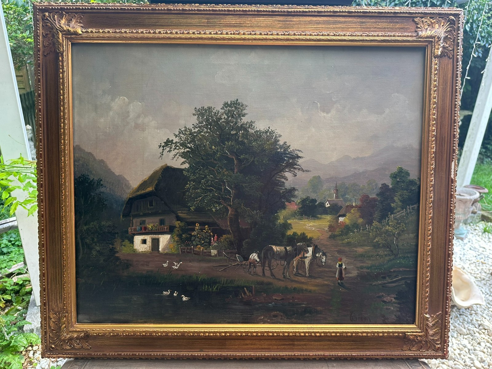 ÖLGEMÄLDE MASSIV GERAHMT SIGNIERT BÖHM LANDSCHAFT MIT PERSONEN