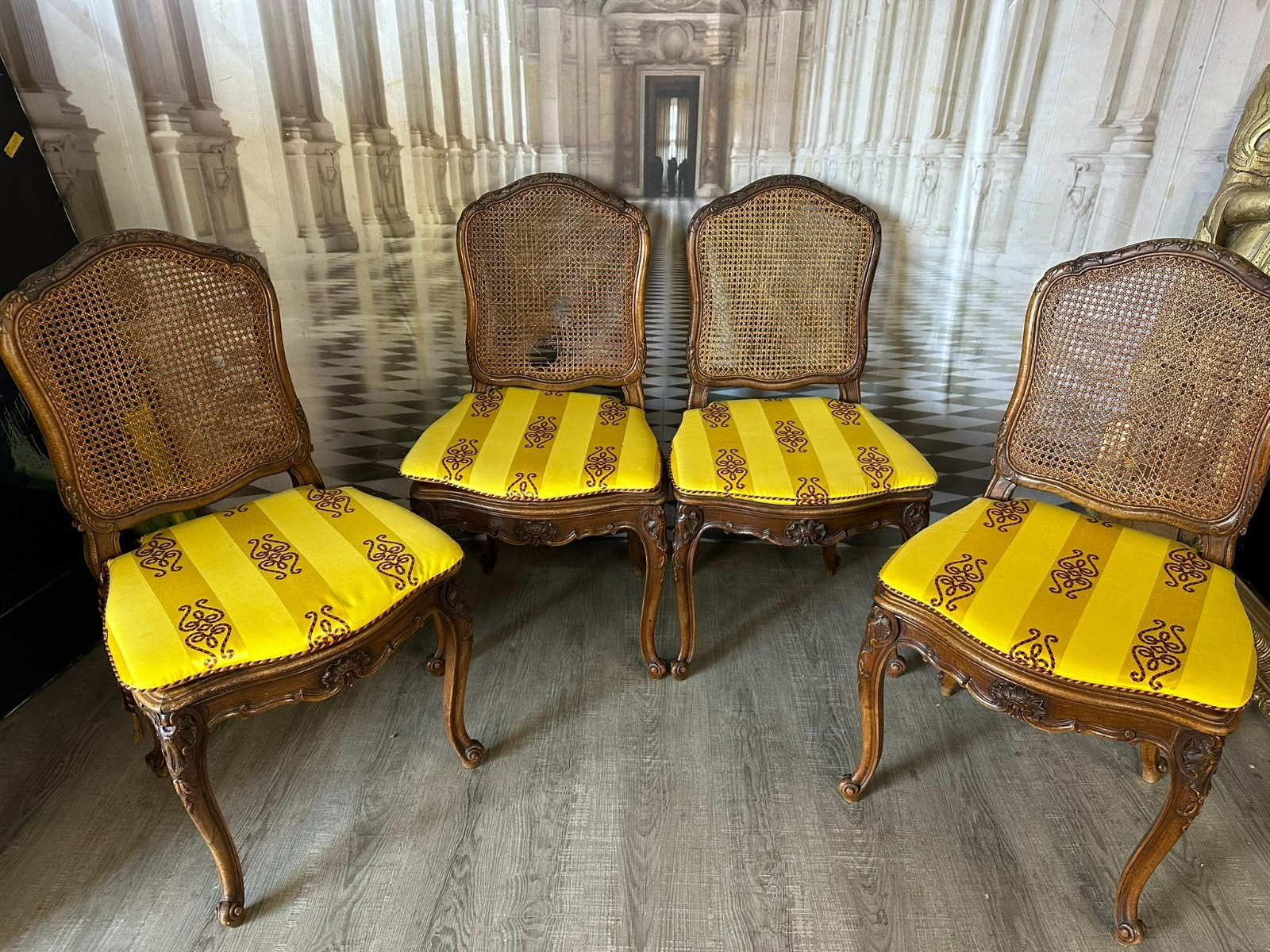 SET 4x ANTIKER BAROCK STUHL UM 1880 NUSSBAUM RATTAN GEFLECHT