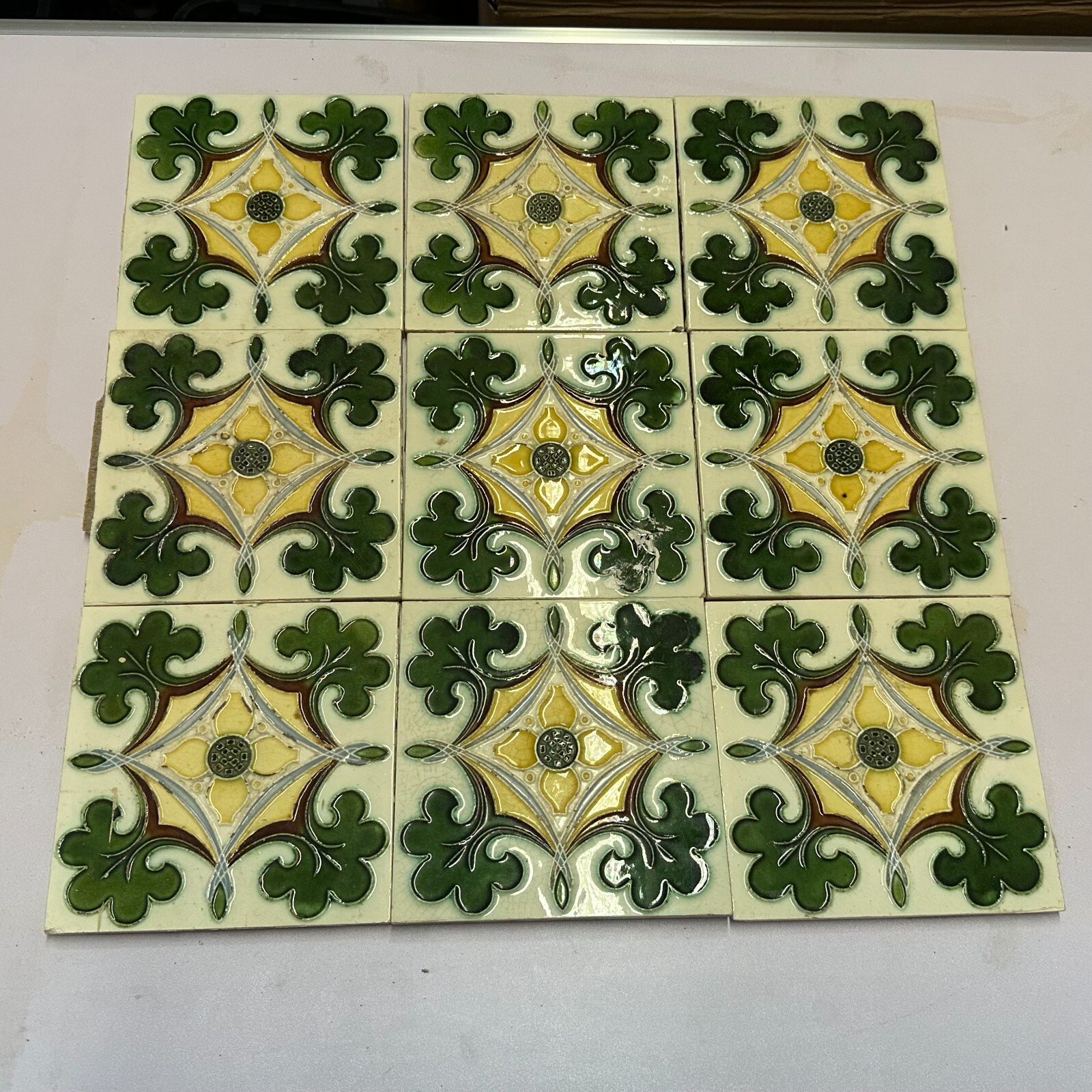 SET 9x JUGENDSTILFLIESE AUS KERAMIK 15x15cm ANTIKE JUGENDSTIL FLIESE UM 1910