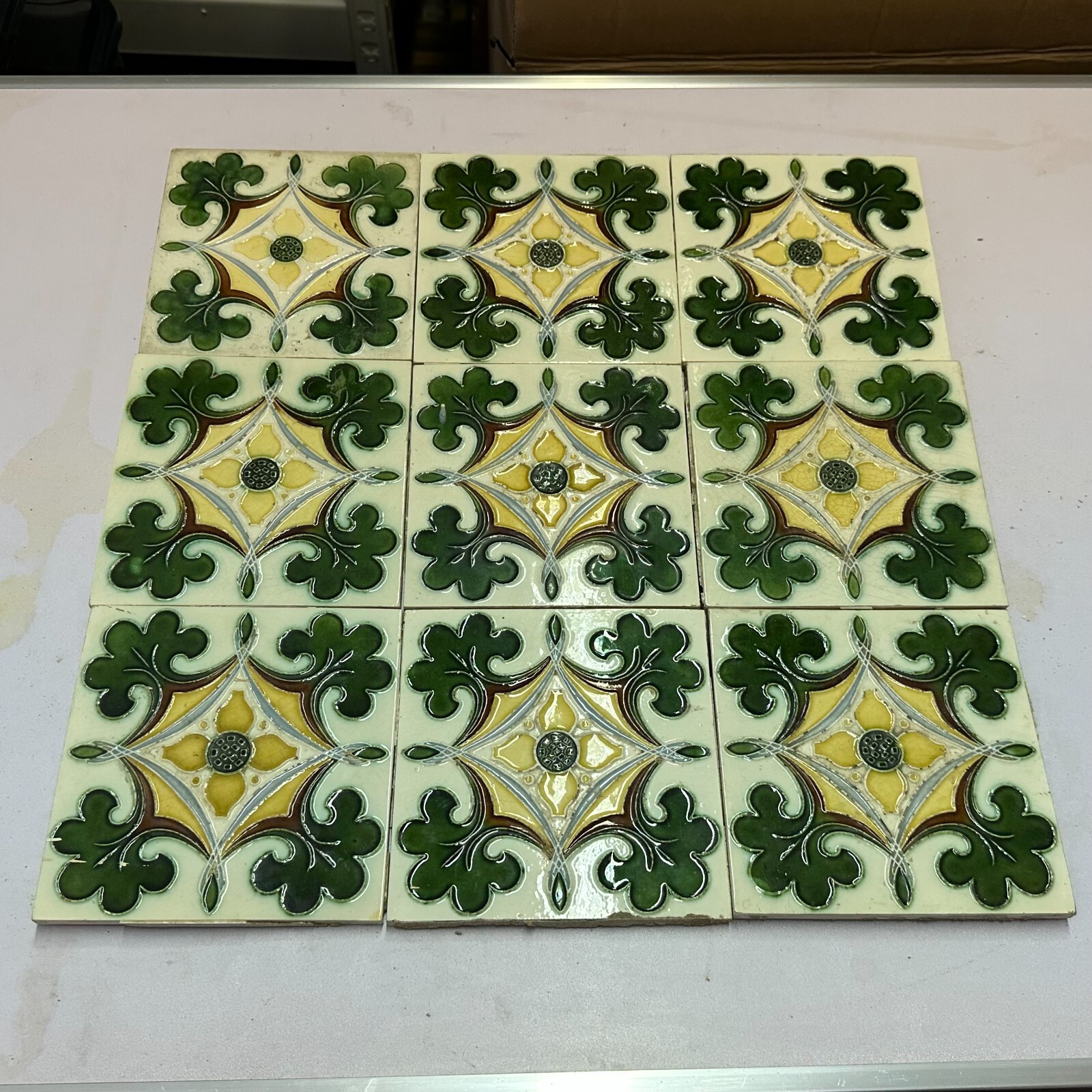 SET 9x JUGENDSTILFLIESE AUS KERAMIK 15x15cm ANTIKE JUGENDSTIL FLIESE UM 1910