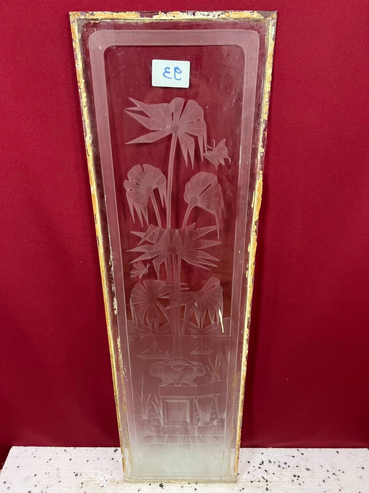 ANTIKE GLASSCHEIBE ART DECO ORIGINAL UM 1920 SEE BOOTE BLUMEN 27,9x99cm – Bild 3
