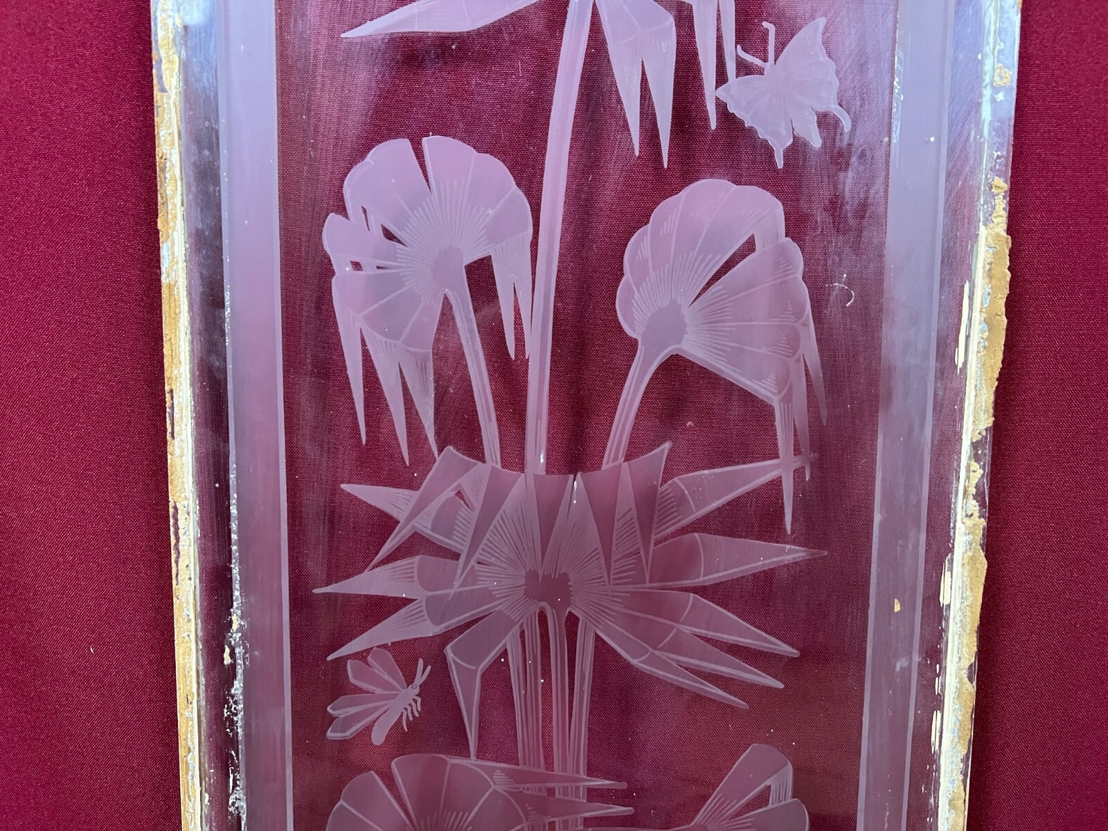 ANTIKE GLASSCHEIBE ART DECO ORIGINAL UM 1920 SEE BOOTE BLUMEN 27,9x99cm – Bild 5
