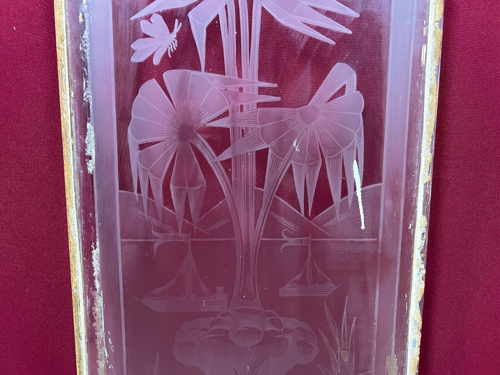 ANTIKE GLASSCHEIBE ART DECO ORIGINAL UM 1920 SEE BOOTE BLUMEN 27,9x99cm – Bild 6