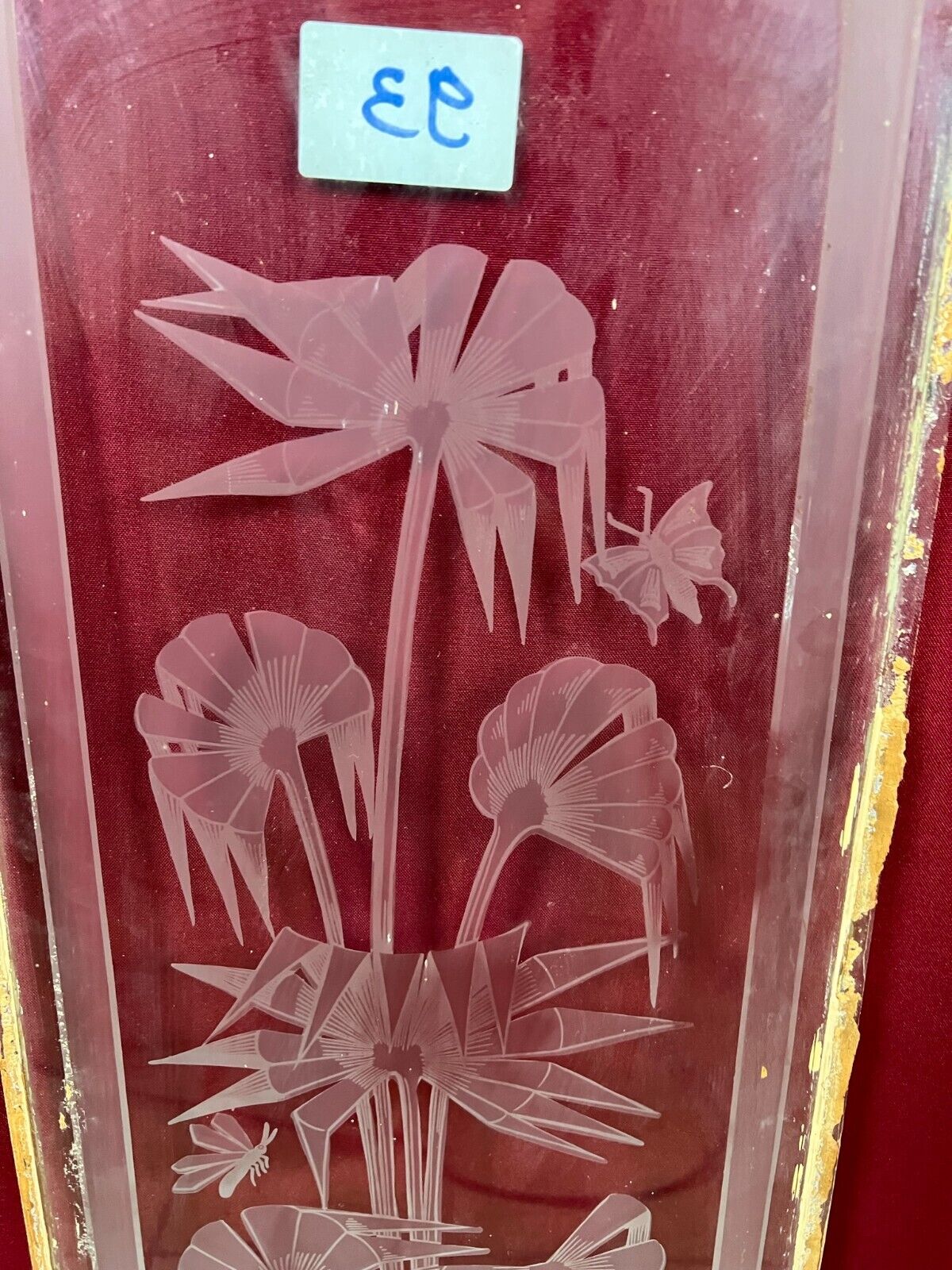 ANTIKE GLASSCHEIBE ART DECO ORIGINAL UM 1920 SEE BOOTE BLUMEN 27,9x99cm – Bild 8