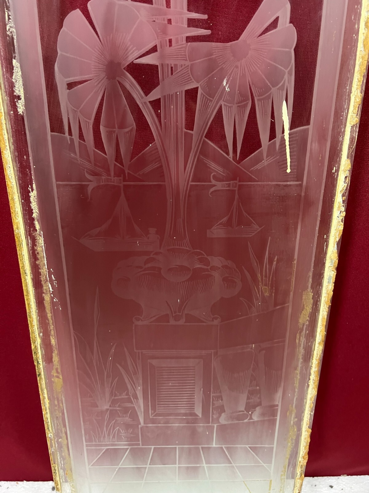 ANTIKE GLASSCHEIBE ART DECO ORIGINAL UM 1920 SEE BOOTE BLUMEN 27,9x99cm – Bild 9