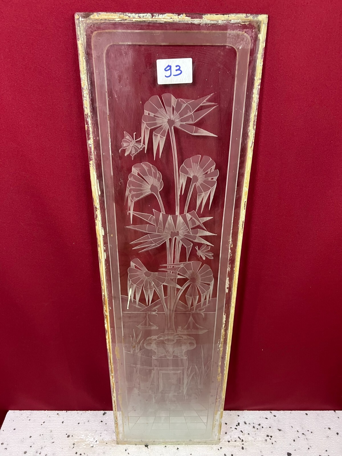 ANTIKE GLASSCHEIBE ART DECO ORIGINAL UM 1920 SEE BOOTE BLUMEN 27,9x99cm