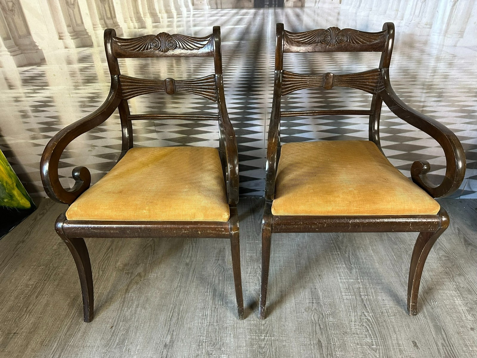 SET 2x ANTIKER REGENCY ARMLEHN STUHL ENGLAND 19-TES JHDT MAHAGONI