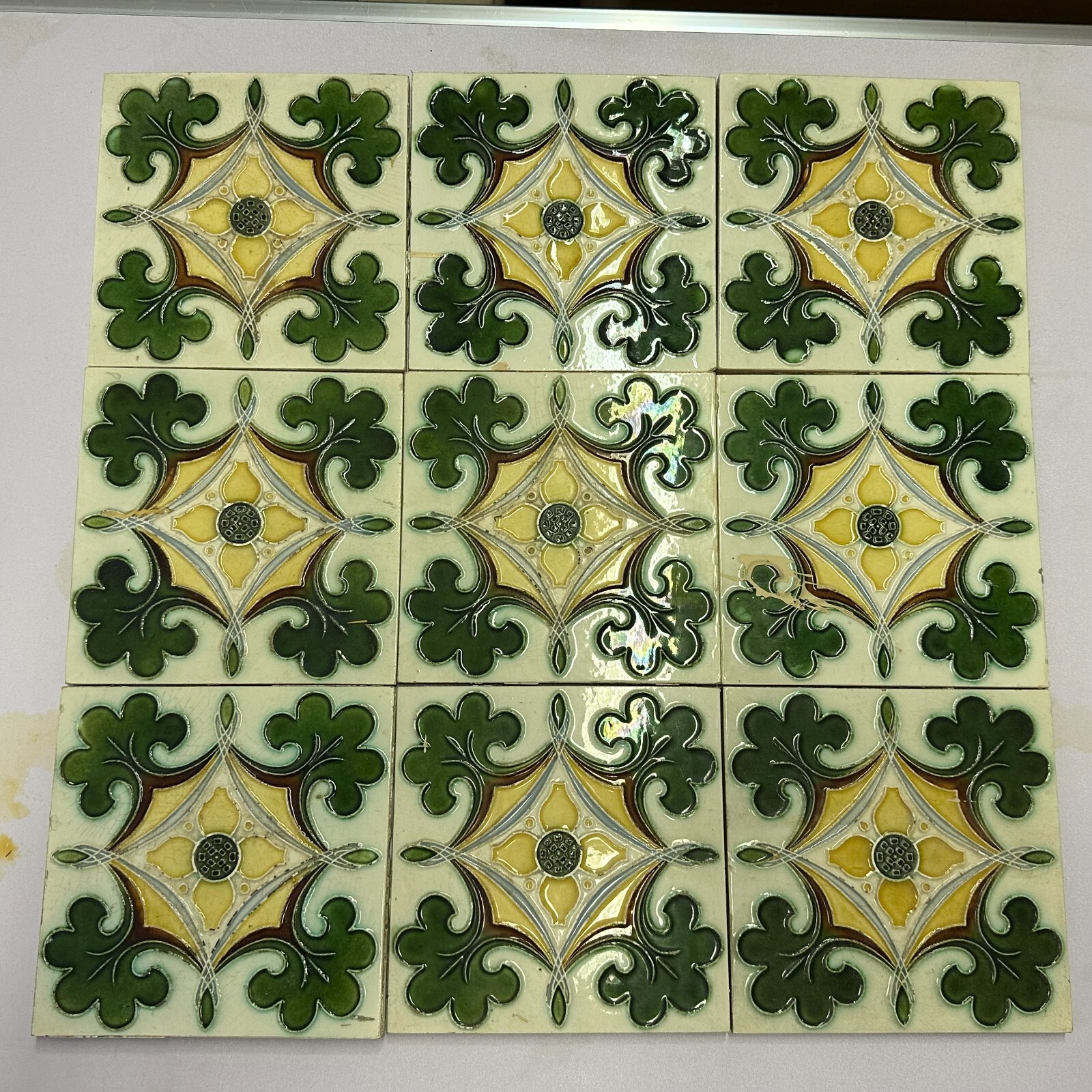 SET 9x JUGENDSTILFLIESE AUS KERAMIK 15x15cm ANTIKE JUGENDSTIL FLIESE UM 1910