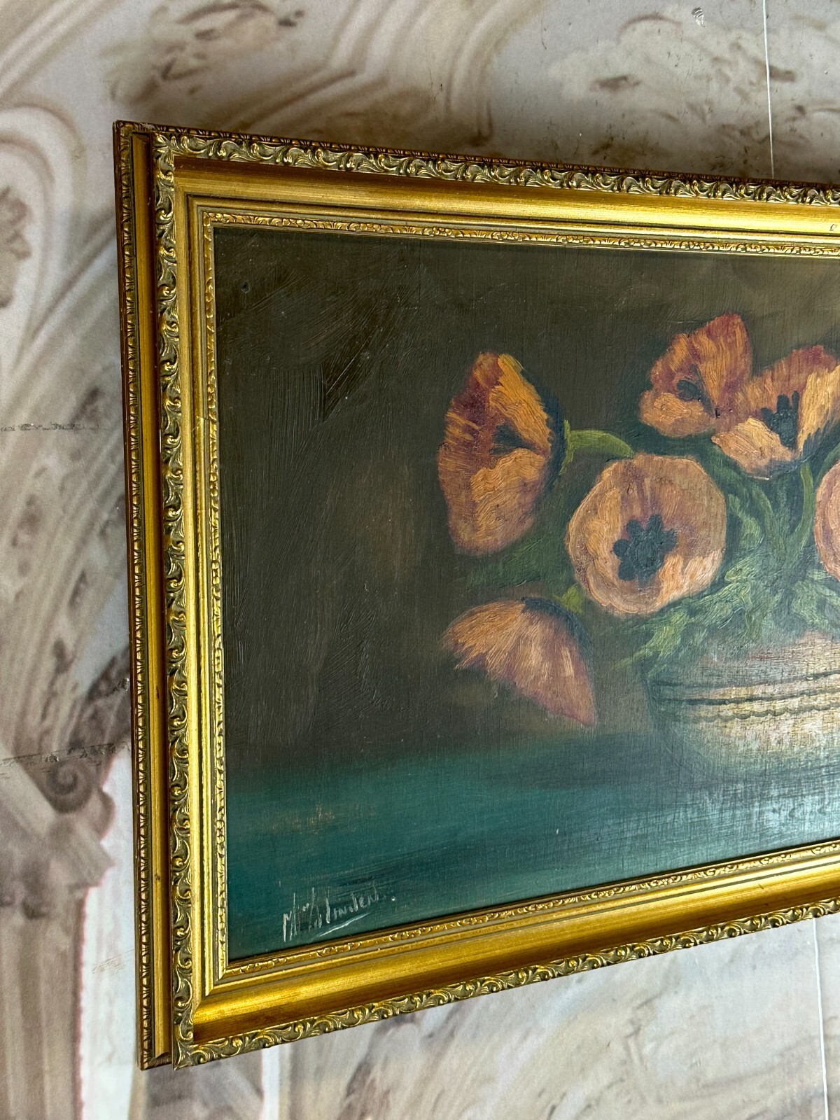 ÖLGEMÄLDE BLUMEN STILLLEBEN GEMÄLDE SIGNIERT UND GERAHMT 84x43cm – Bild 8