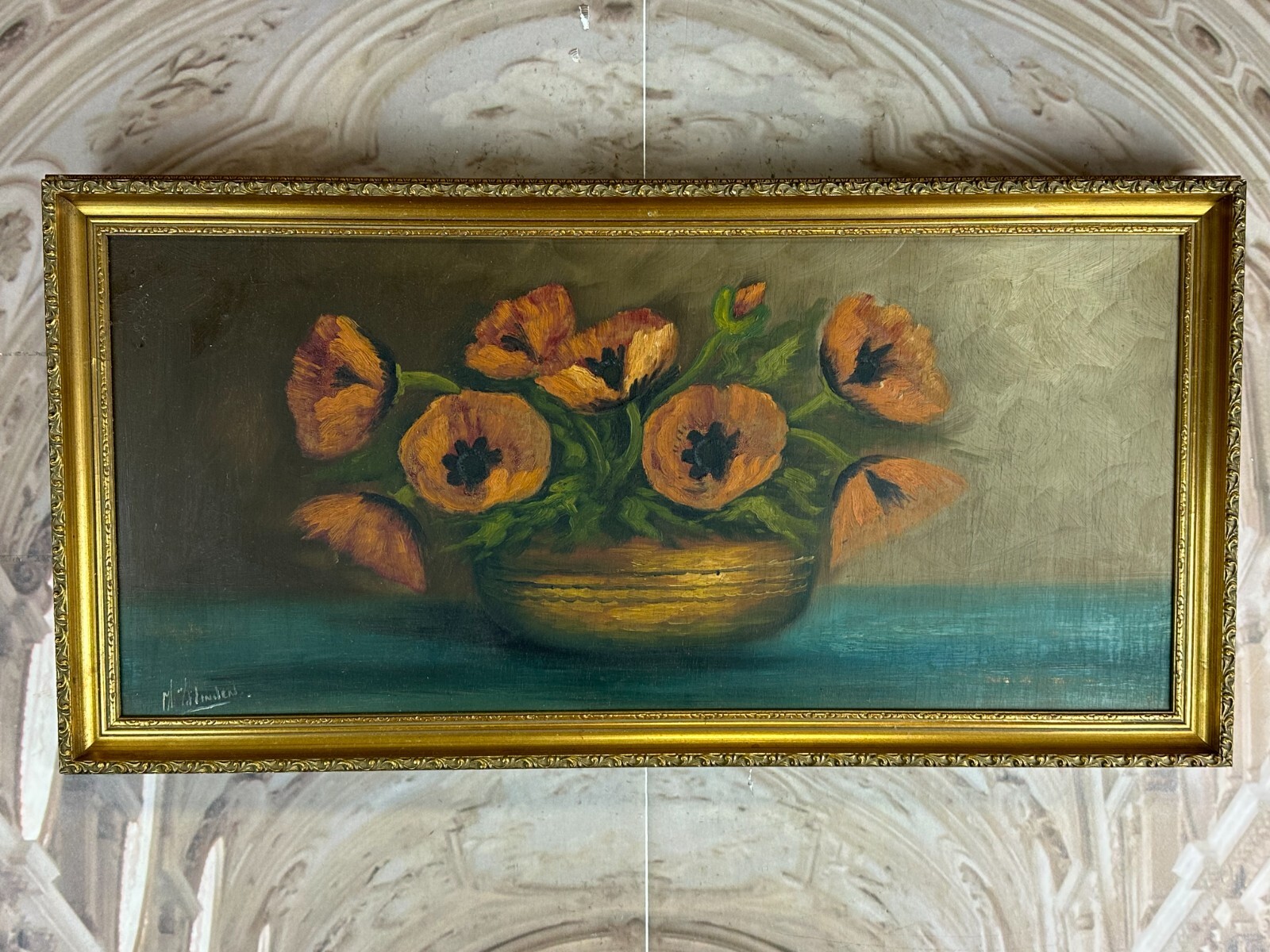 ÖLGEMÄLDE BLUMEN STILLLEBEN GEMÄLDE SIGNIERT UND GERAHMT 84x43cm