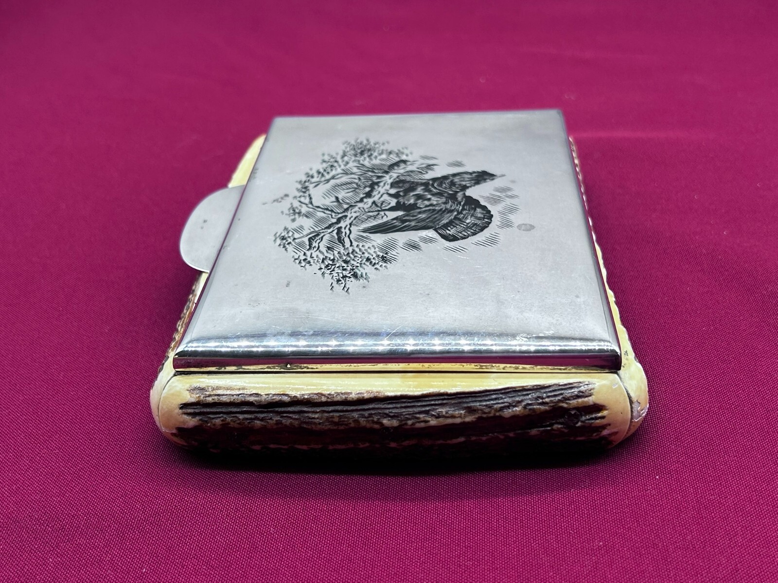 GROSSE DECKEL DOSE AUS HORN MASSIVE SILBER 900 MONTUR AUERHAHN GRAVUR – Bild 5