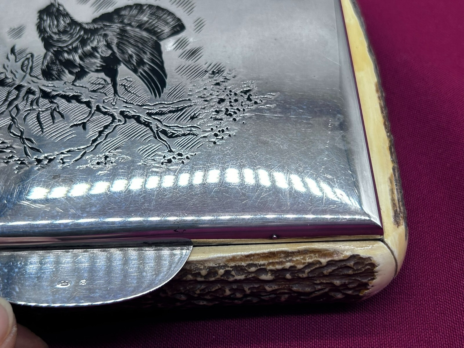 GROSSE DECKEL DOSE AUS HORN MASSIVE SILBER 900 MONTUR AUERHAHN GRAVUR – Bild 9