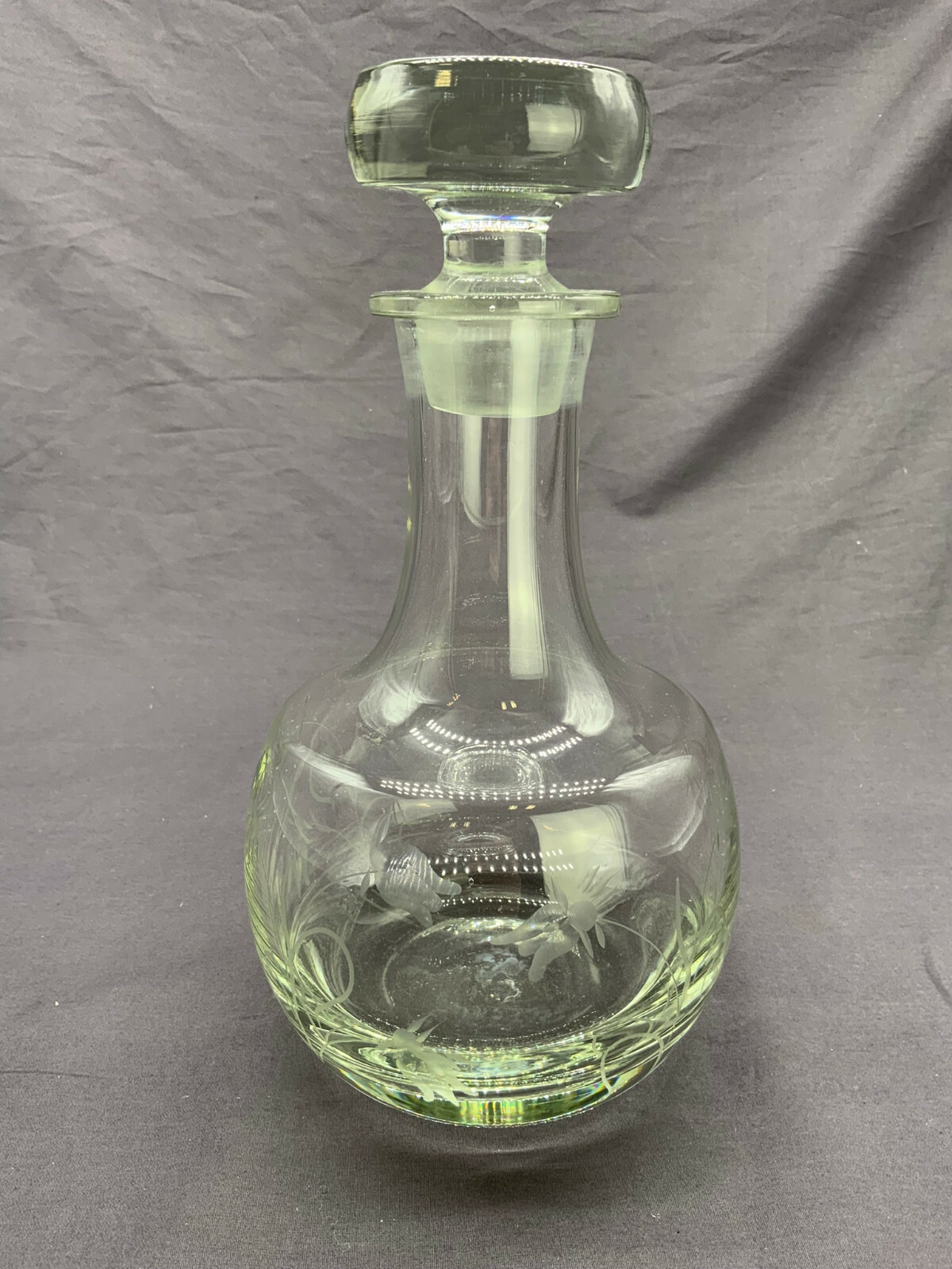 KARAFFE FLASCHE KRISTALLGLAS MIT STÖPSEL GLAS BLUMEN SCHLEIFDEKOR 27cm HOCH