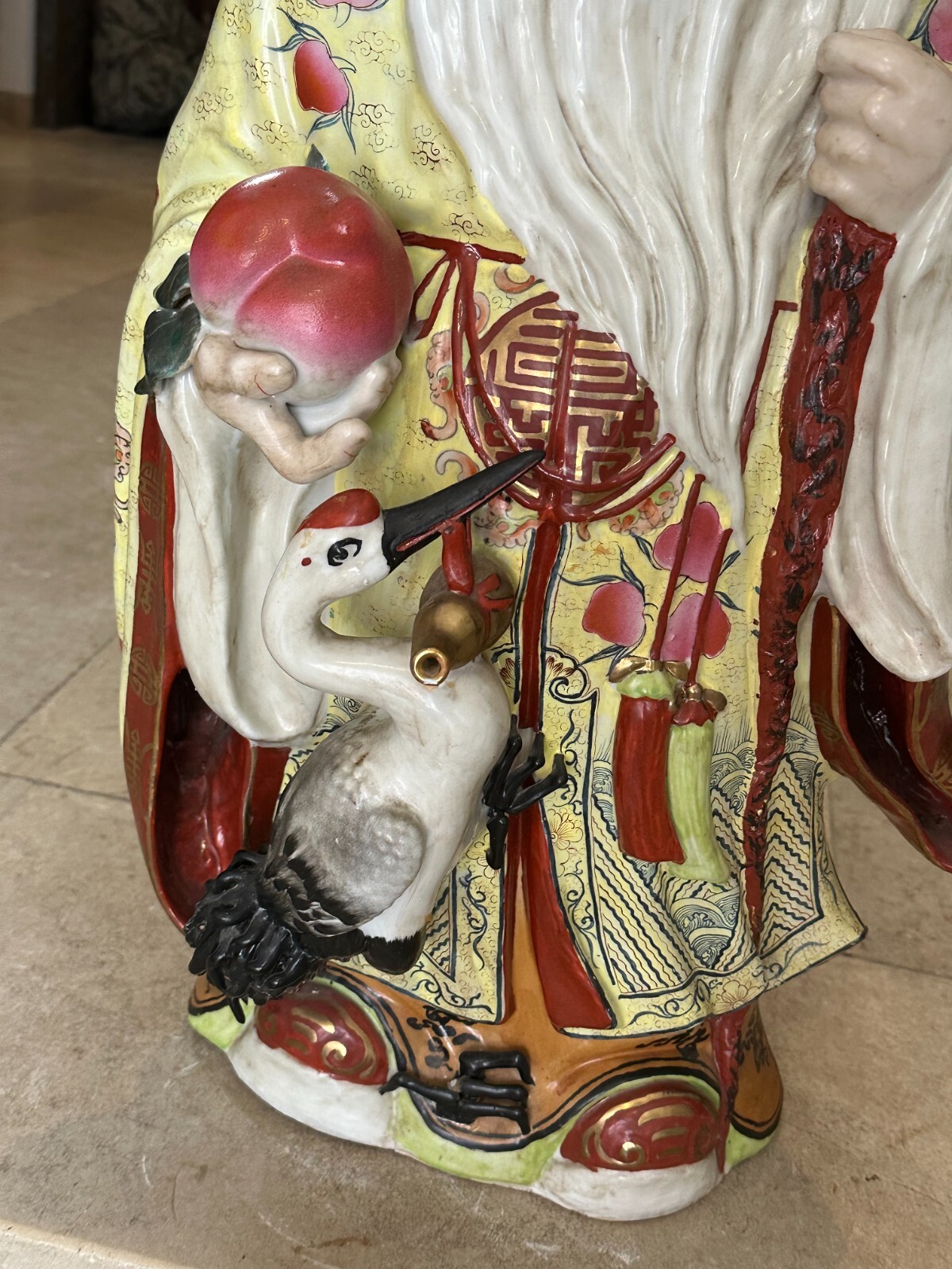 GROSSE PORZELLAN FIGUR CHINA GELEHRTER MIT KRANICH HANDBEMALT 70cm – Bild 4