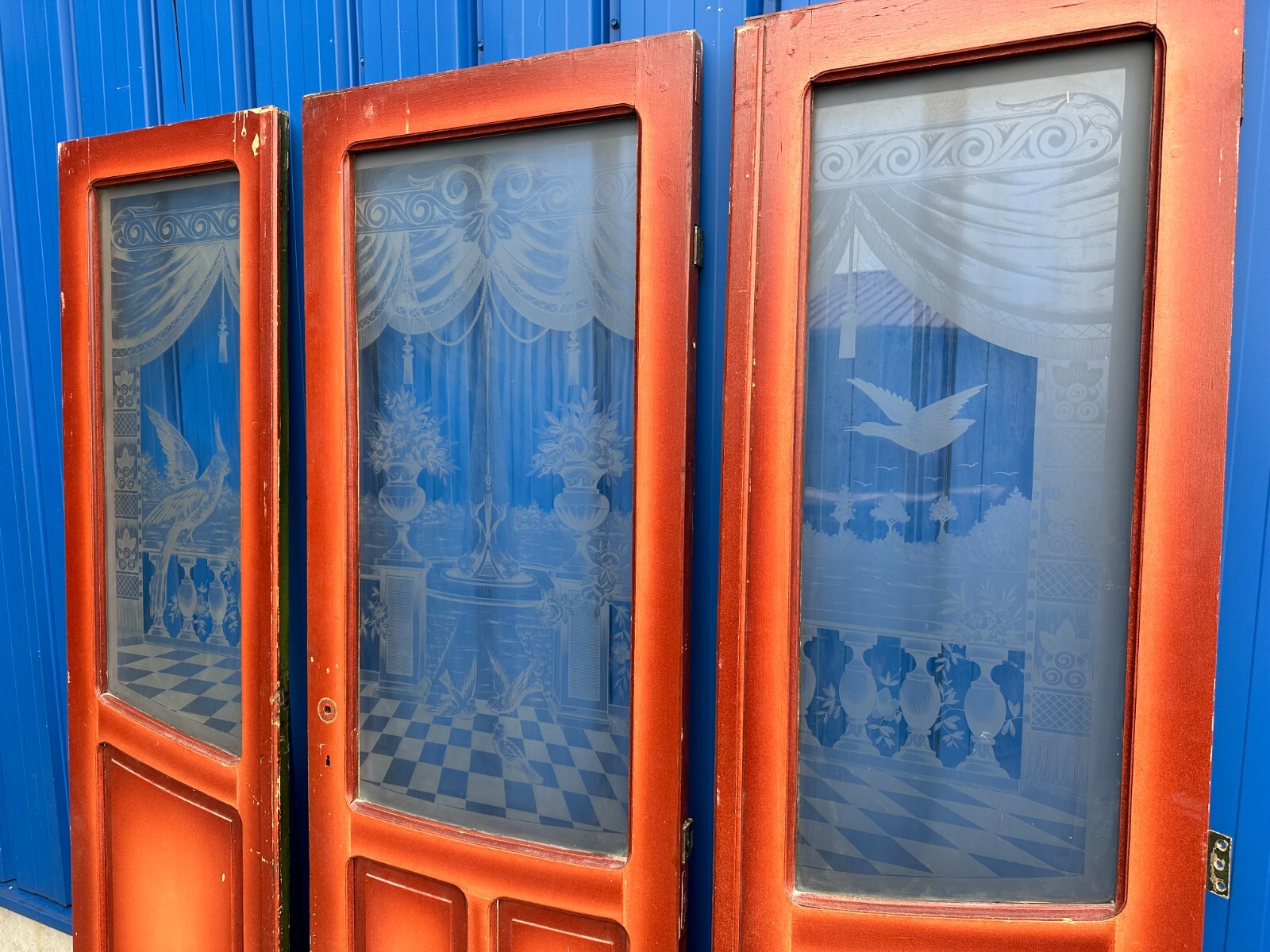 3x ANTIKE TÜR INNENTÜR MIT GLASSCHEIBE ÄTZDEKOR UM 1900 JUGENDSTIL VÖGEL AMPHORE