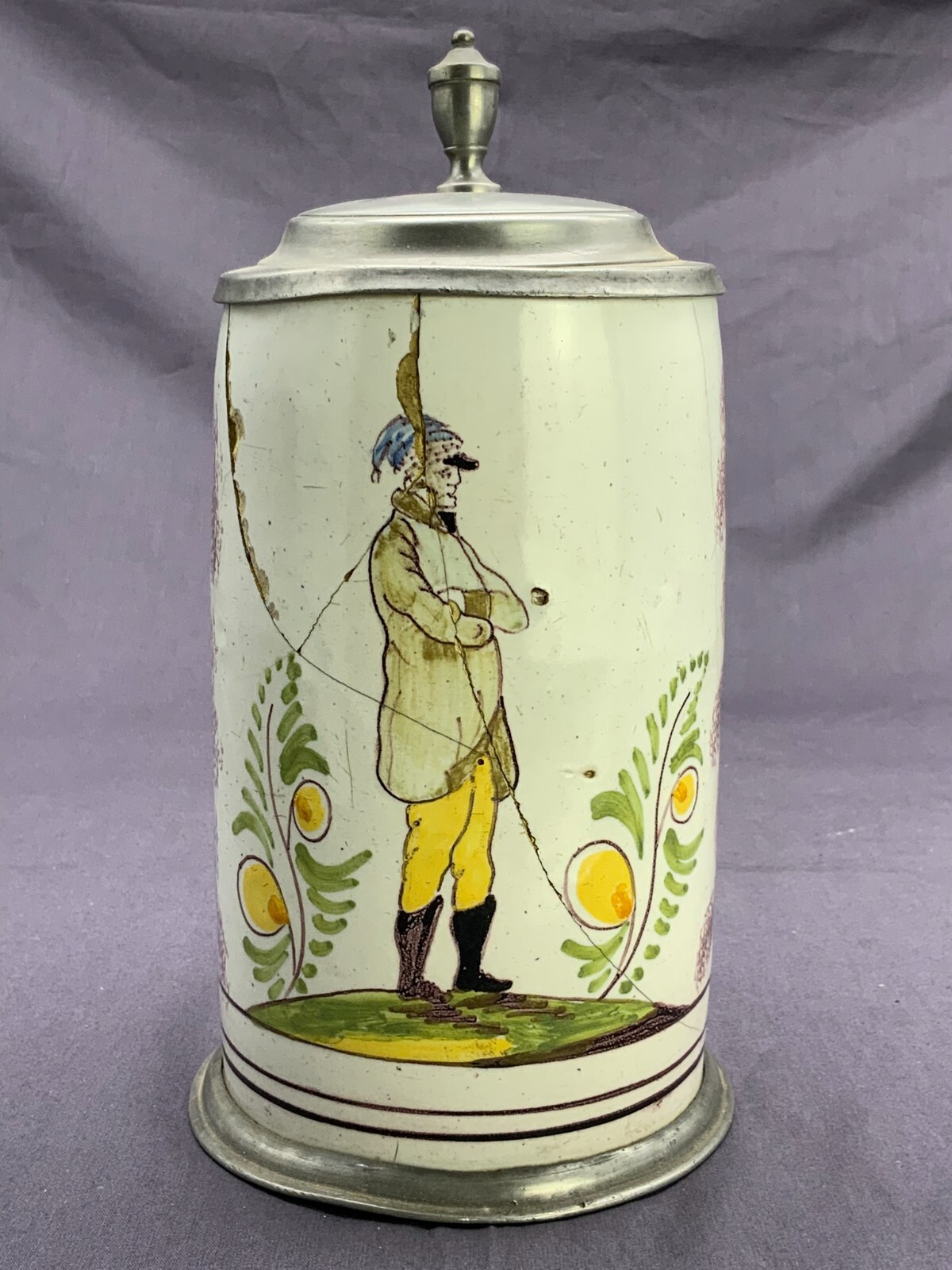 ANTIKER KRUG 19 TES JHDT BAROCKKRUG HUMPEN KERAMIK MIT ZINNDECKEL GEBROCHEN