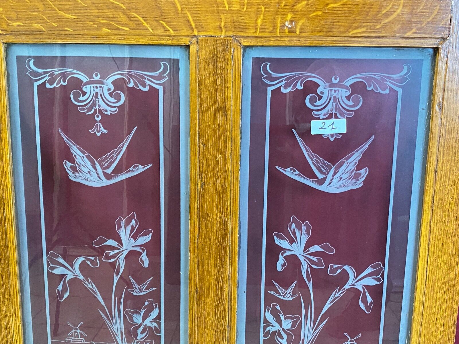 ANTIKE DOPPEL GLASSCHEIBE JUGENDSTIL UM 1890 BLUMEN GIRLANDEN VOGEL – Bild 3