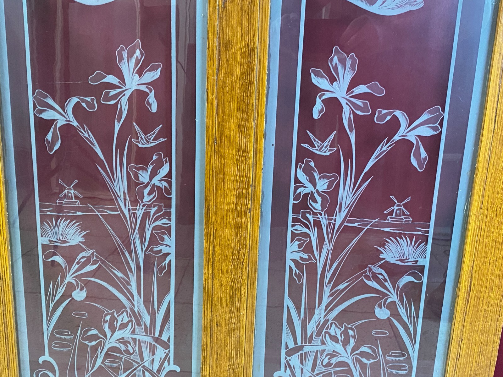 ANTIKE DOPPEL GLASSCHEIBE JUGENDSTIL UM 1890 BLUMEN GIRLANDEN VOGEL – Bild 4