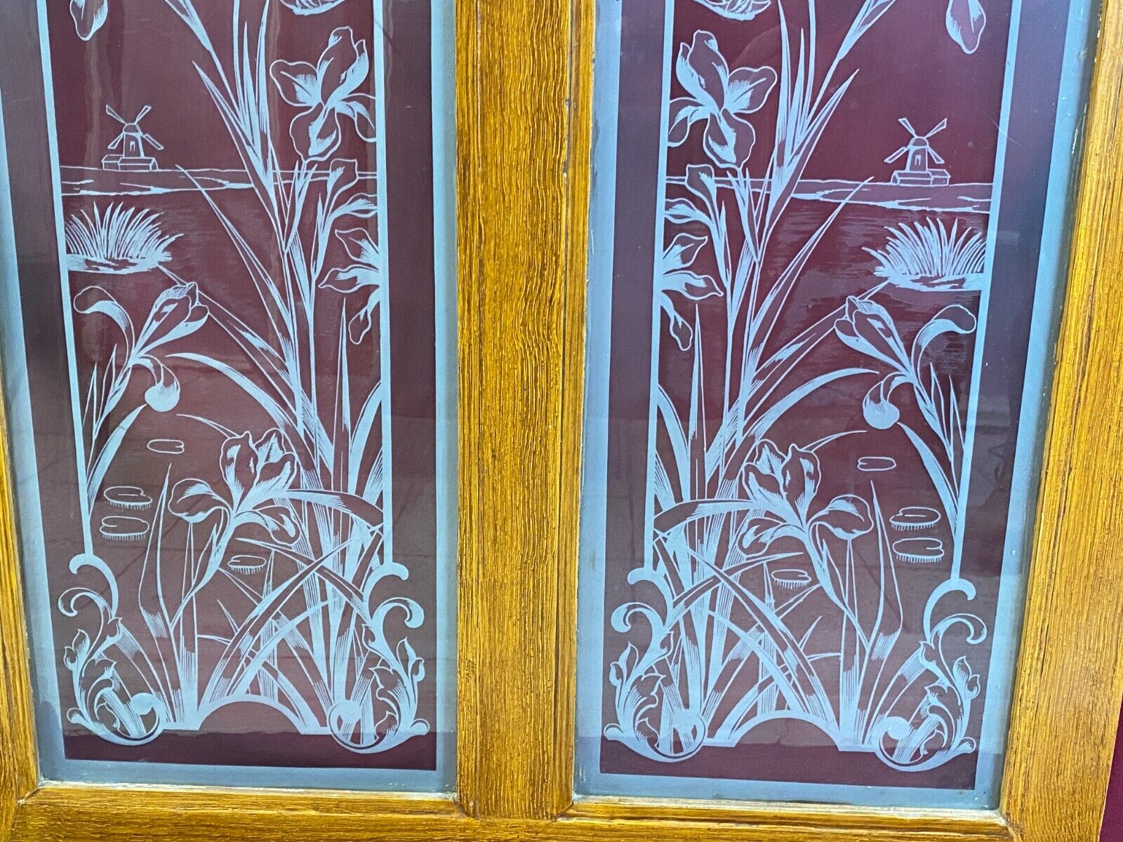 ANTIKE DOPPEL GLASSCHEIBE JUGENDSTIL UM 1890 BLUMEN GIRLANDEN VOGEL – Bild 5