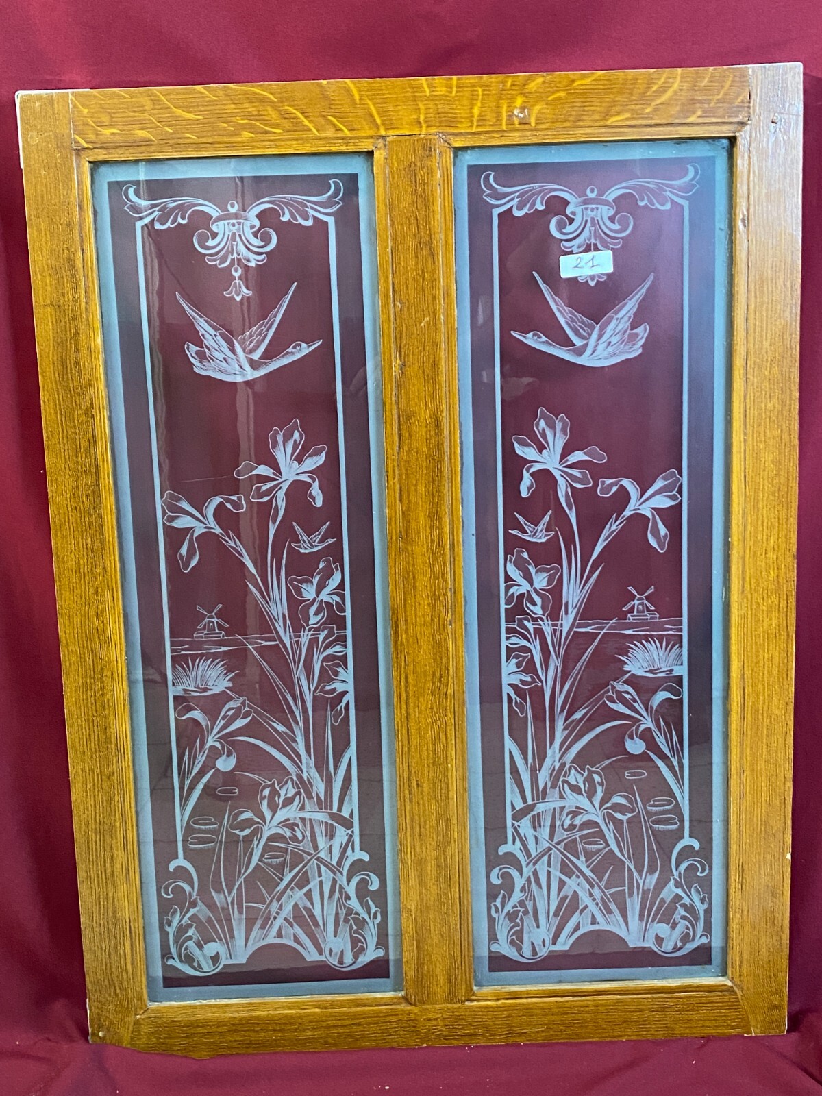 ANTIKE DOPPEL GLASSCHEIBE JUGENDSTIL UM 1890 BLUMEN GIRLANDEN VOGEL