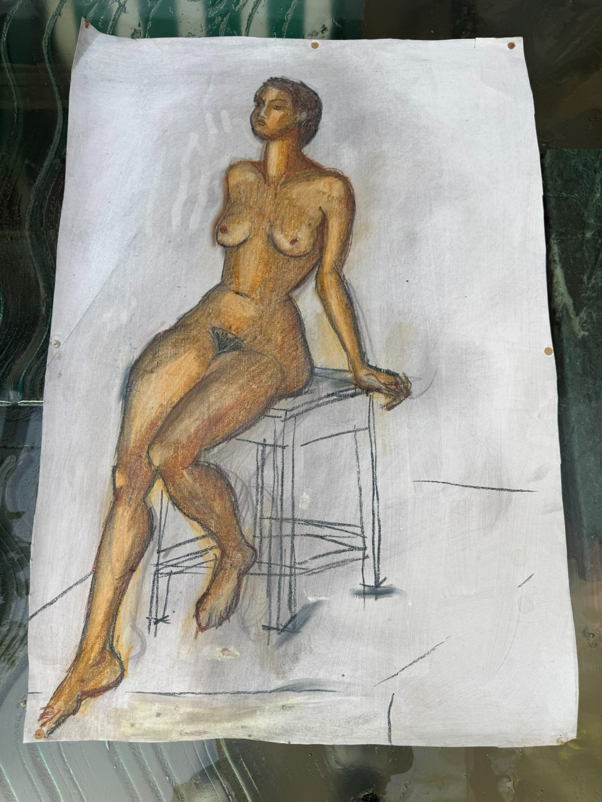Großer Akt auf Papier, Aquarell und Kohlestift, unsigniert 55x80cm