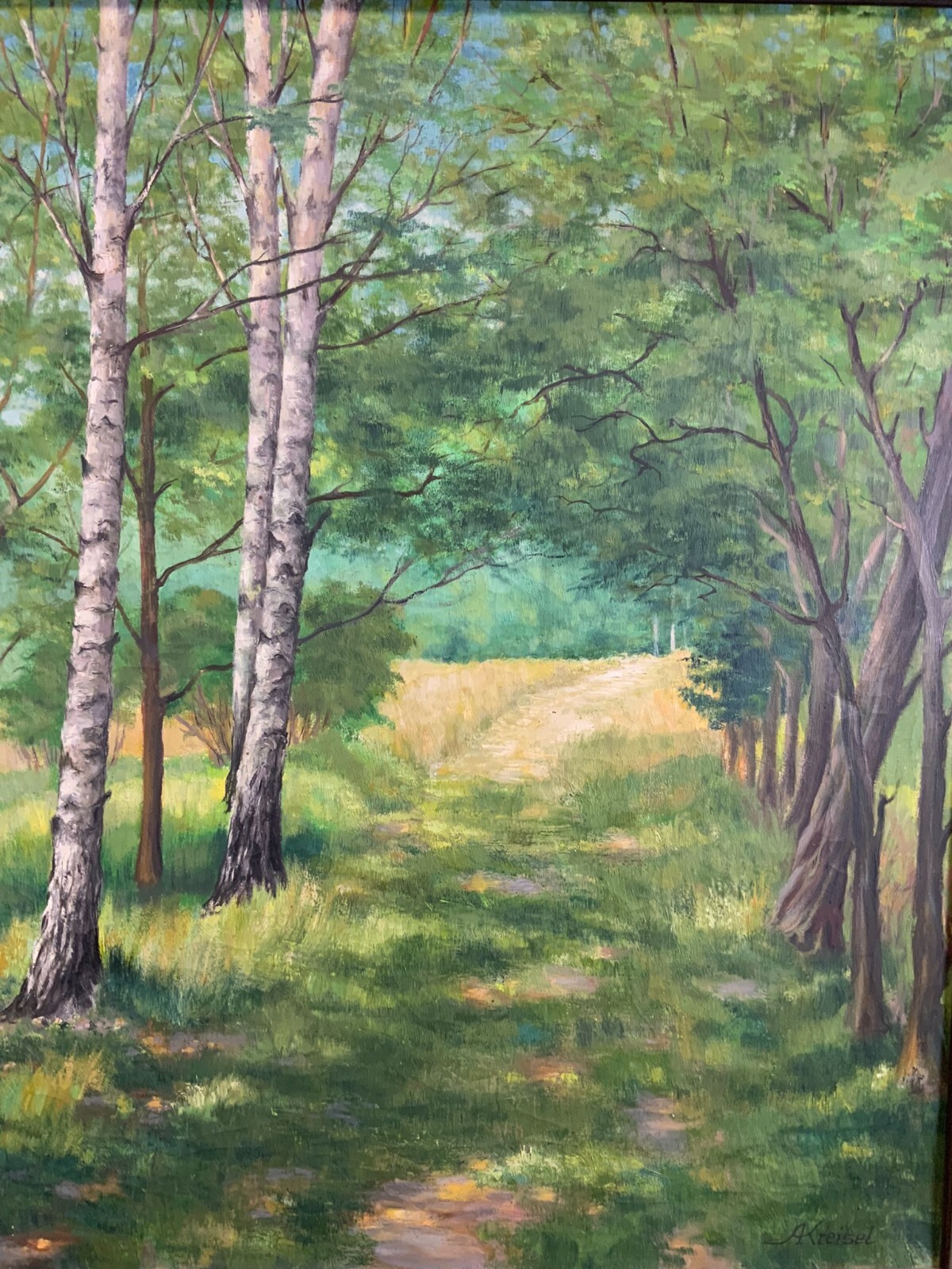 ÖLGEMÄLDE LANDSCHAFT SIGNIERT A. KREISEL LICHTUNG NACH WALD RAHMEN – Bild 3