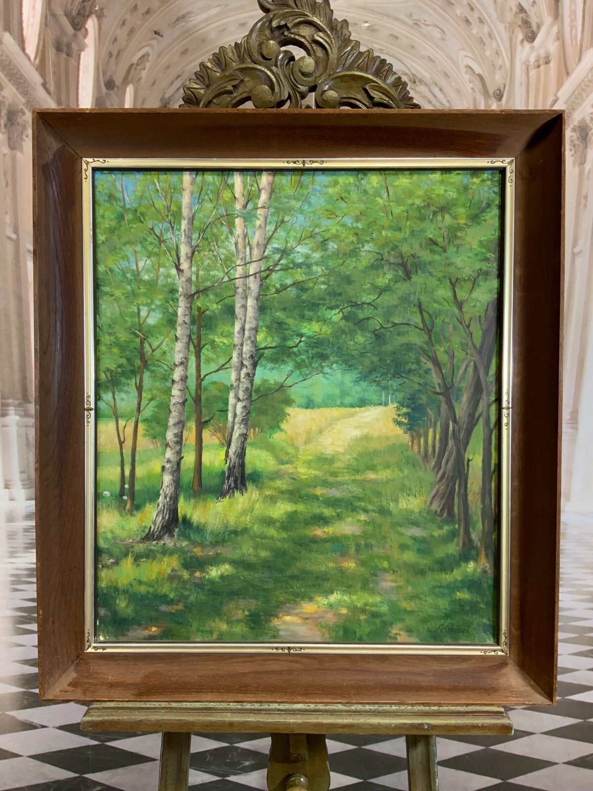 ÖLGEMÄLDE LANDSCHAFT SIGNIERT A. KREISEL LICHTUNG NACH WALD RAHMEN – Bild 4