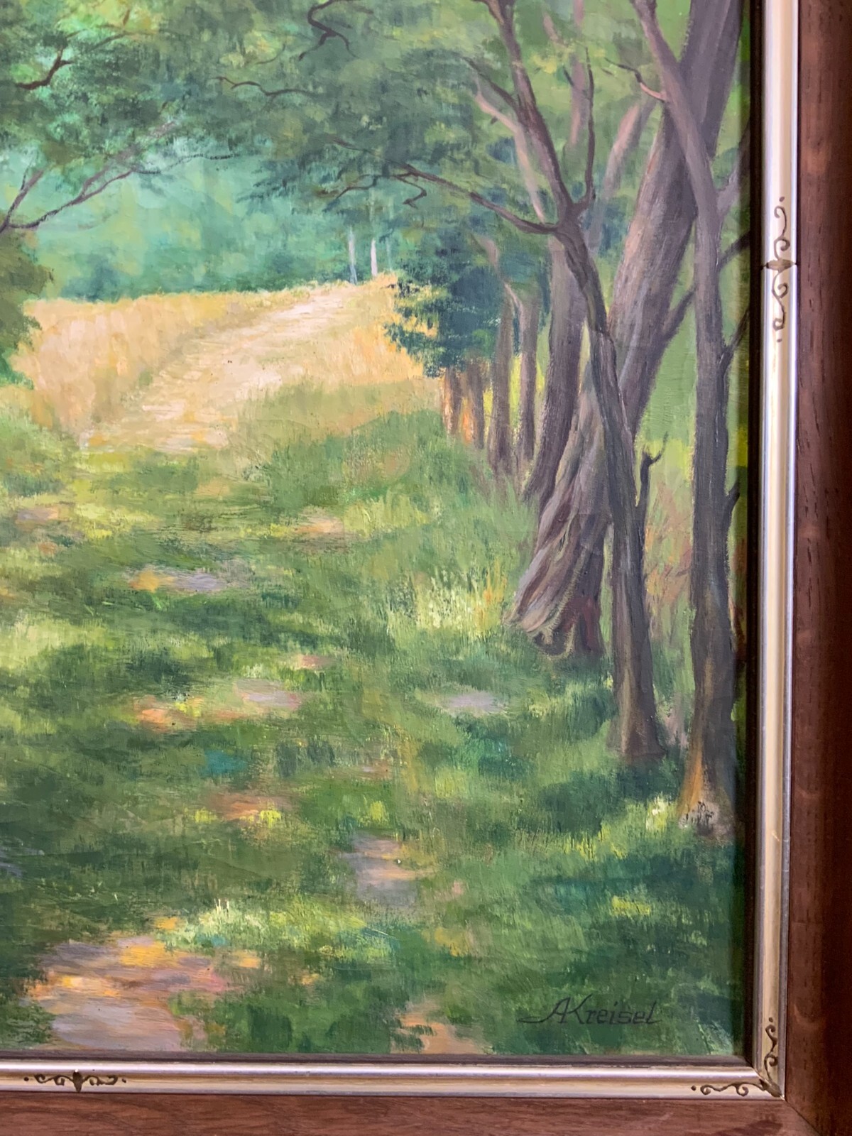 ÖLGEMÄLDE LANDSCHAFT SIGNIERT A. KREISEL LICHTUNG NACH WALD RAHMEN – Bild 10