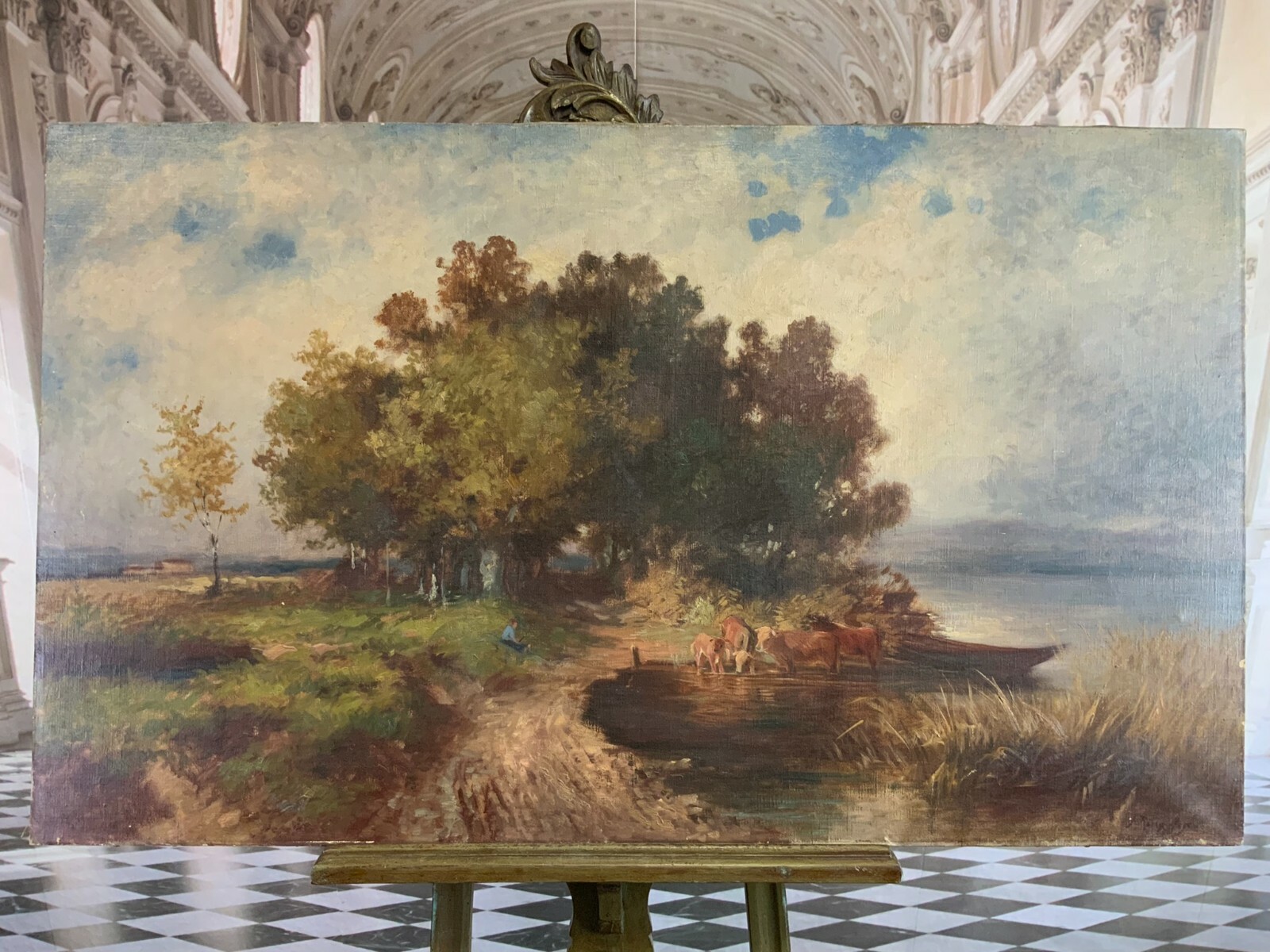 ÖLGEMÄLDE LANDSCHAFT MIT VIEH UND PERSON GEMÄLDE VON J RINGSTEN GROSS 125x74,5cm
