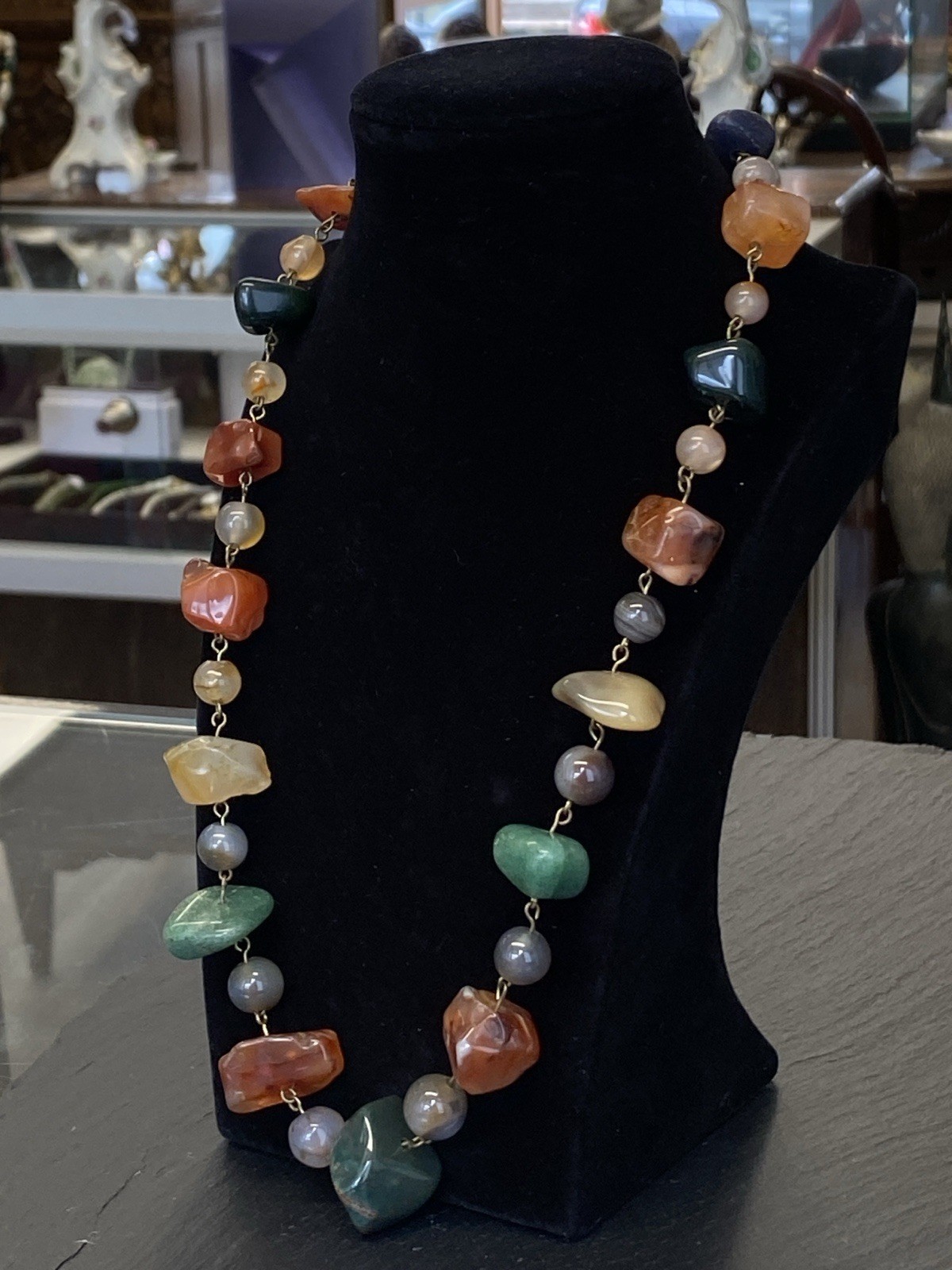 MODESCHMUCK HALSKETTE DIVERSE HALBEDELSTEINE ACHAT ACHATE QUARZ HELIOTROP