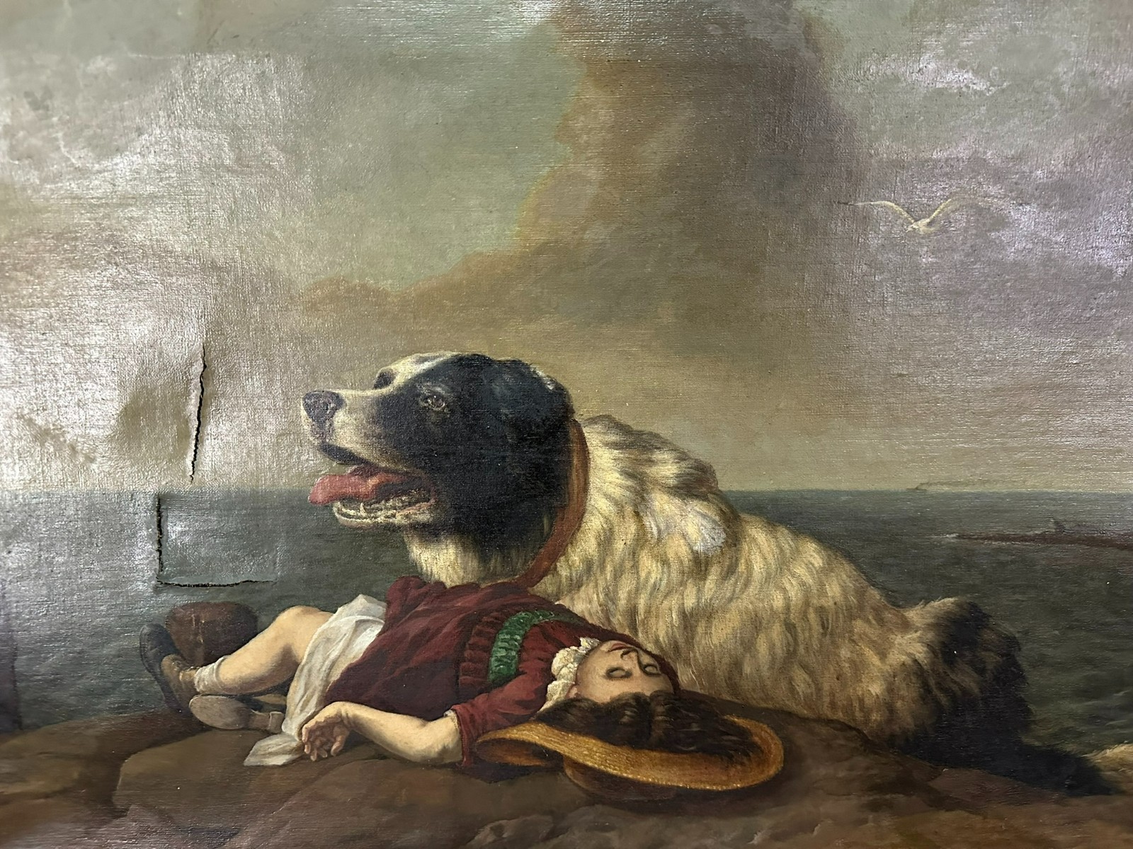 ANTIKES ÖLGEMÄLDE NACH EDWIN LANDSEER HUND RETTET MÄDCHEN 19 TES JHDT