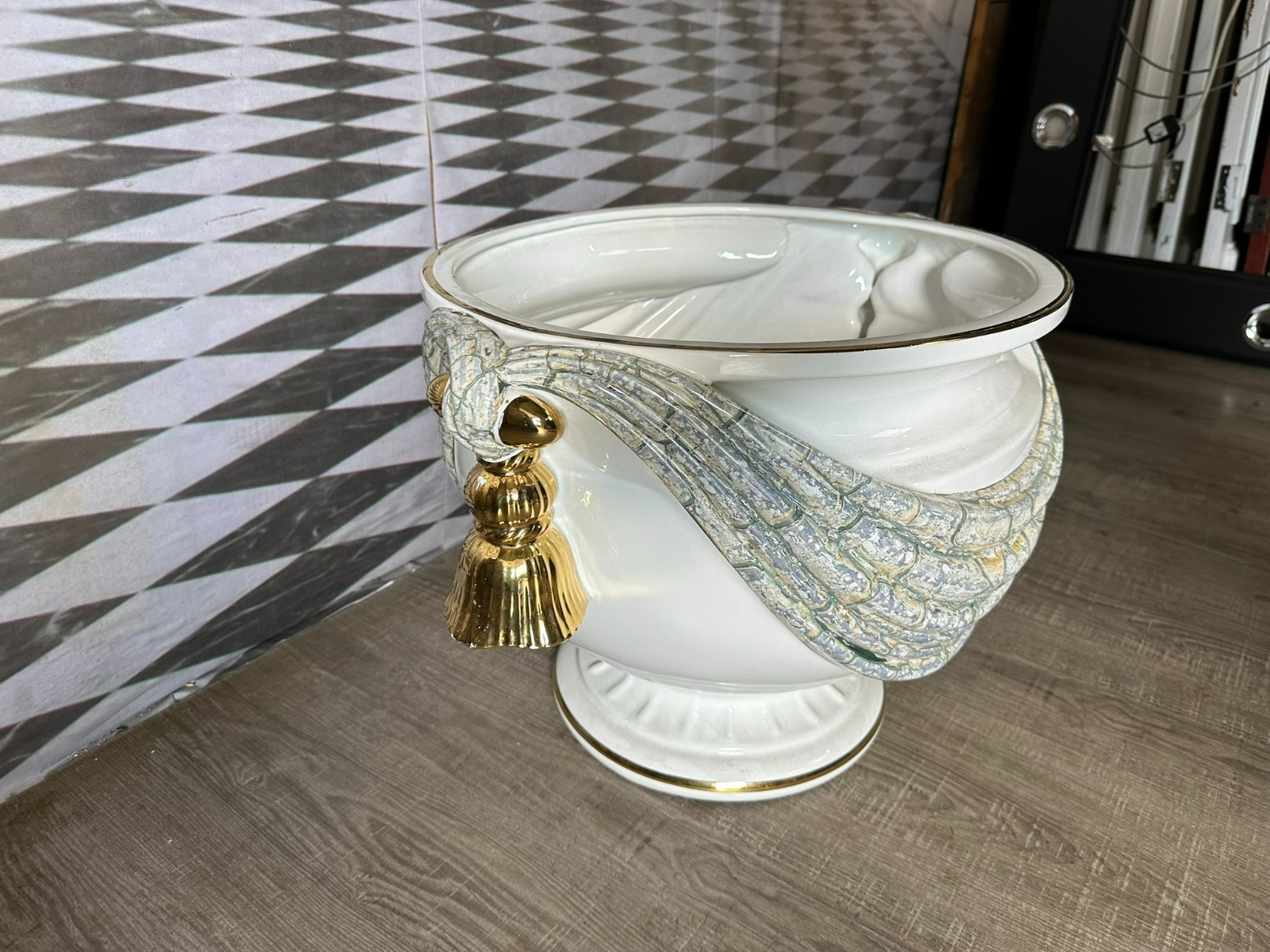 GROSSER BLUMENTOPF CACHEPOT AUS KERAMIK MARMORIERUNG VERGOLDUNG – Bild 3