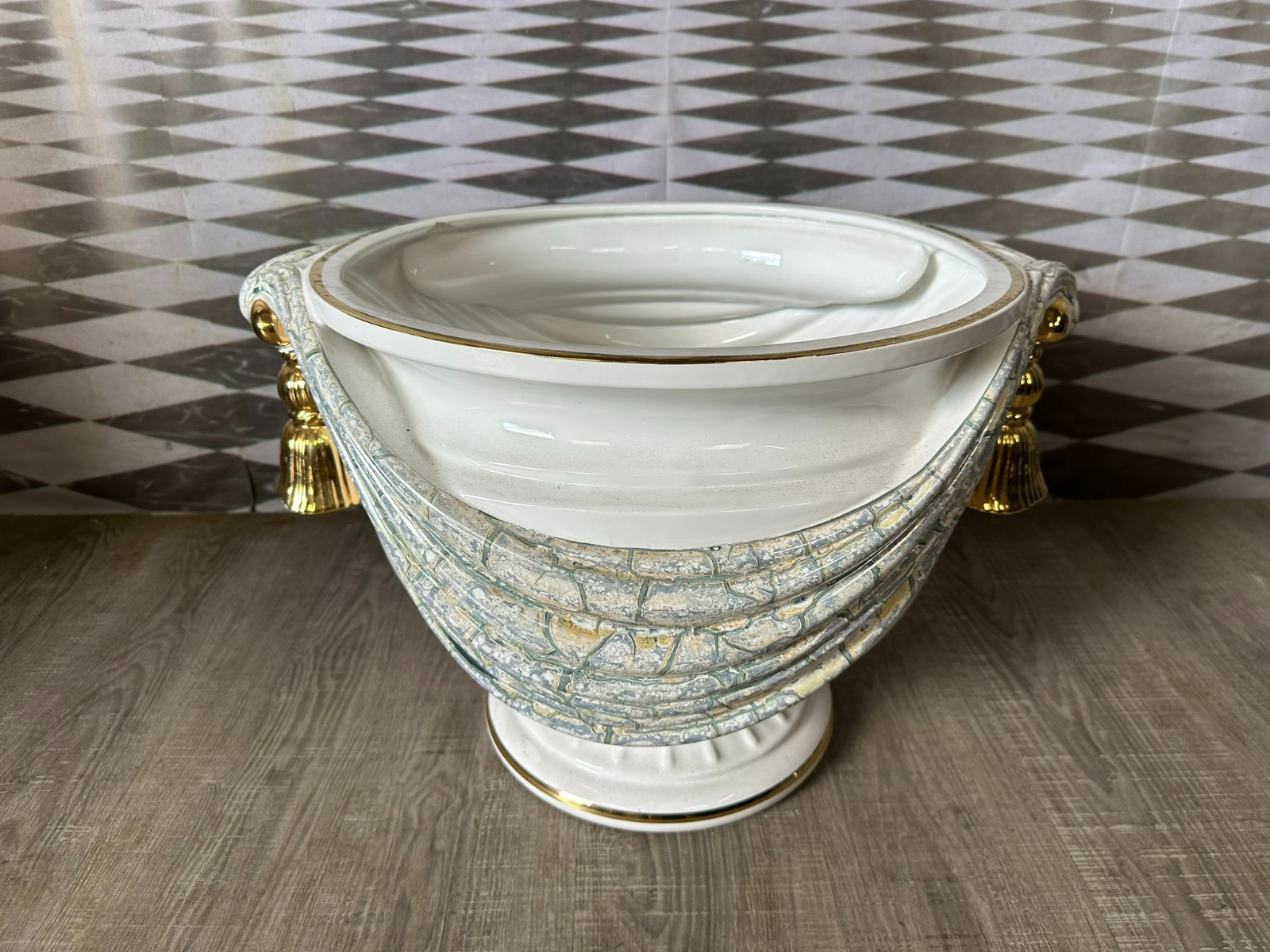 GROSSER BLUMENTOPF CACHEPOT AUS KERAMIK MARMORIERUNG VERGOLDUNG