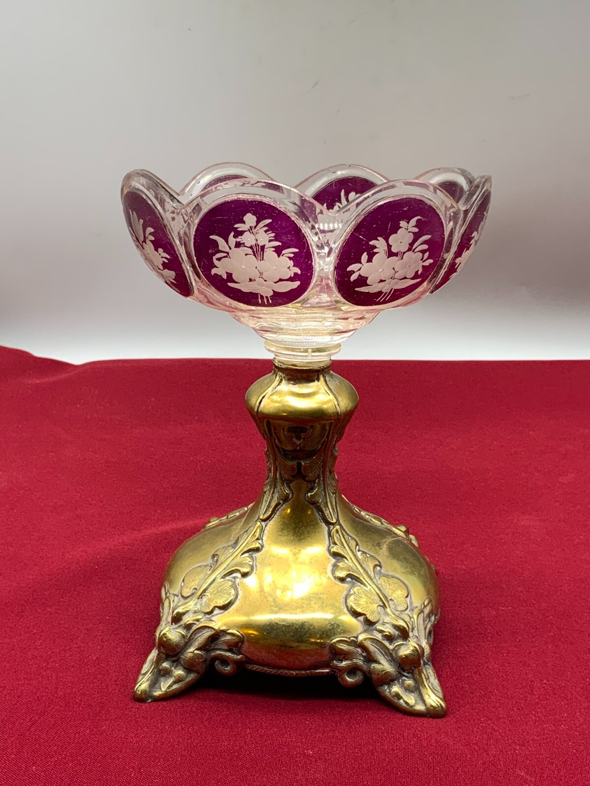 ANTIKE BIEDERMEIER GLAS SCHALE FUSSSCHALE 1850 FUSS MESSING EHEMALS VERSILBERT