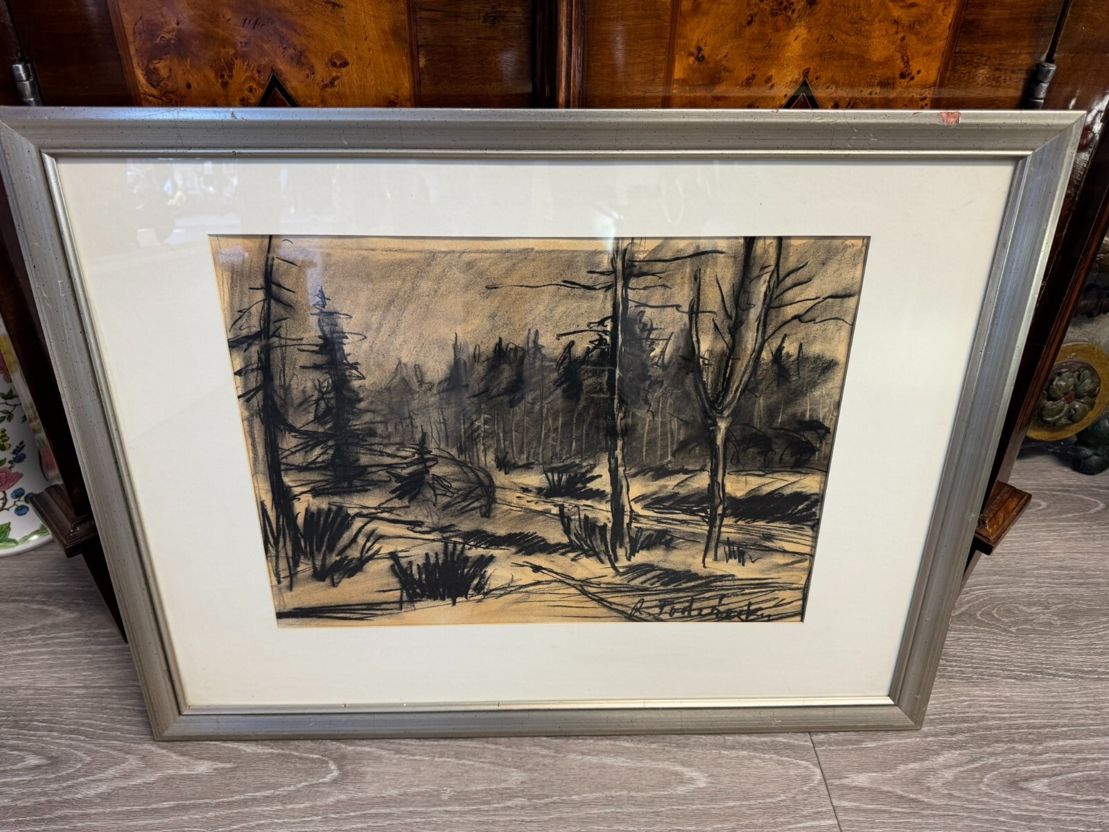 ROMAN PODRAZSKY KOHLESTIFT ZEICHNUNG BÖHMERWALD I GERAHMT