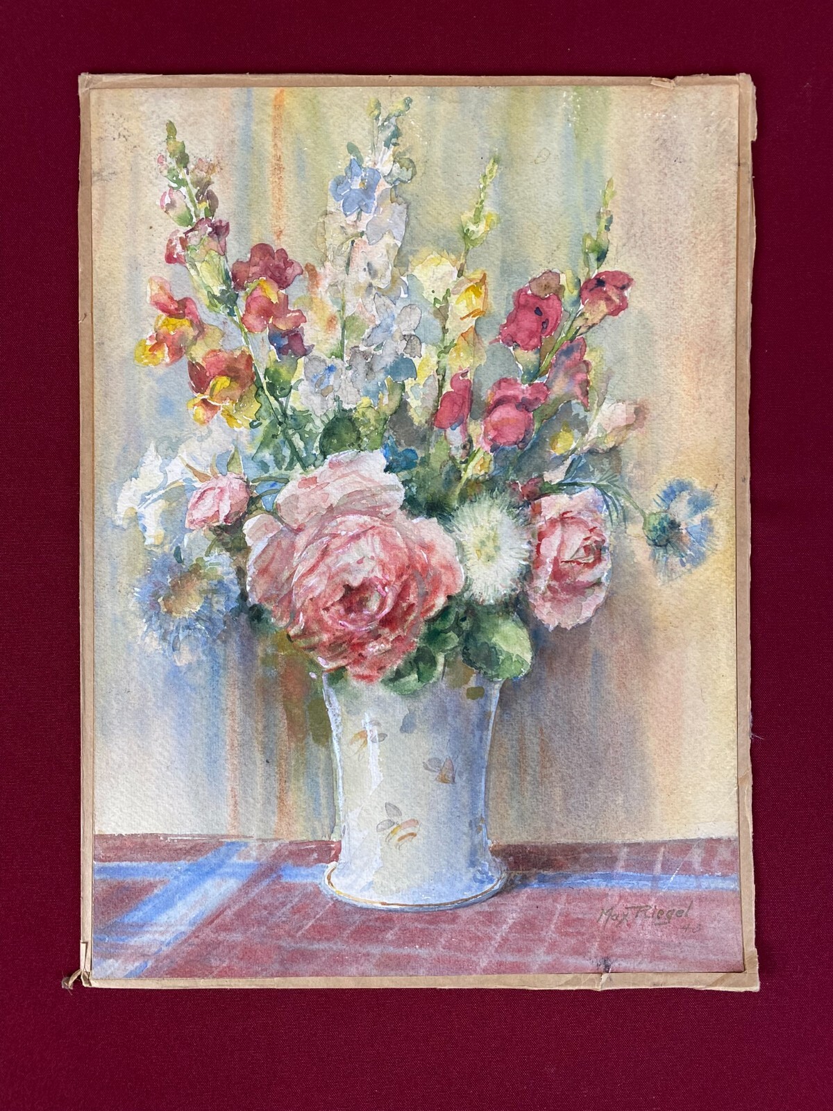 Antikes Aquarell auf Papier Blumenstillleben MAX RIEGER – Bild 4