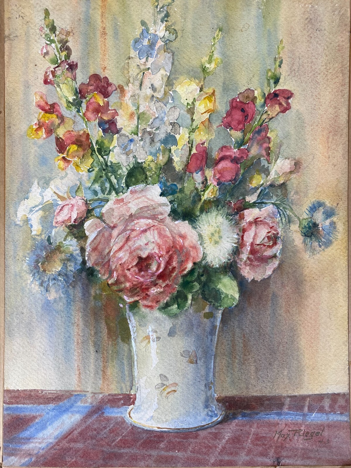 Antikes Aquarell auf Papier Blumenstillleben MAX RIEGER
