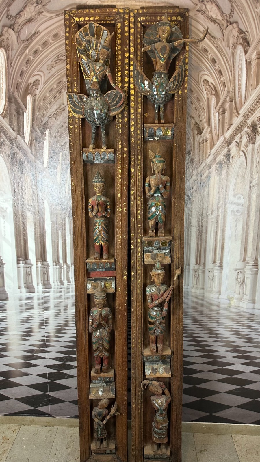 PAAR ANTIKE WAND ELEMENTE TÜR RAHMEN THAILAND UM 1900 FIGUREN SKULPTUREN 252cm