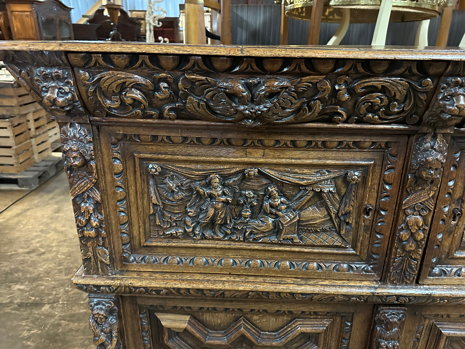 ANTIKER RENAISSANCE SCHRANK HOLLAND 17/18 TES JHDT PRUNKSCHNITZWERK LÖWENKÖPFE – Bild 7