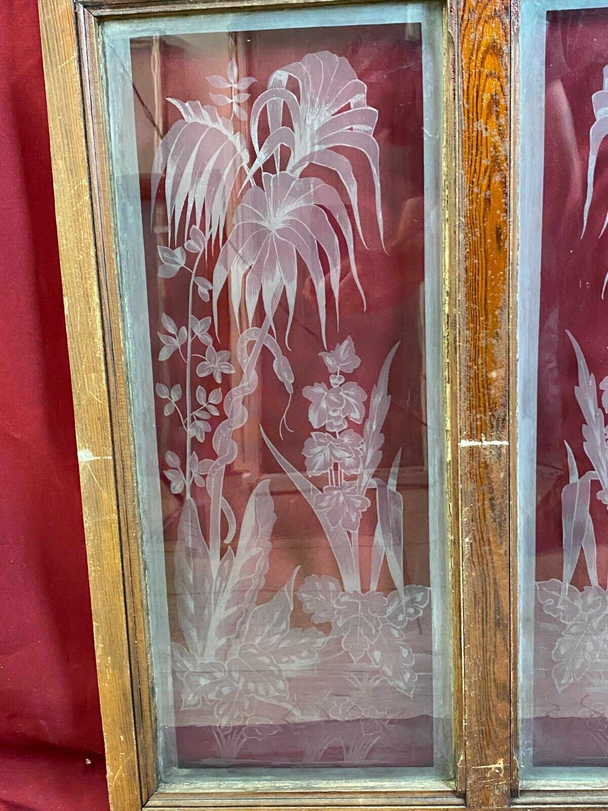 ANTIKE DOPPEL GLASSCHEIBE JUGENDSTIL UM 1890 SCHLANGE PALMEN – Bild 3