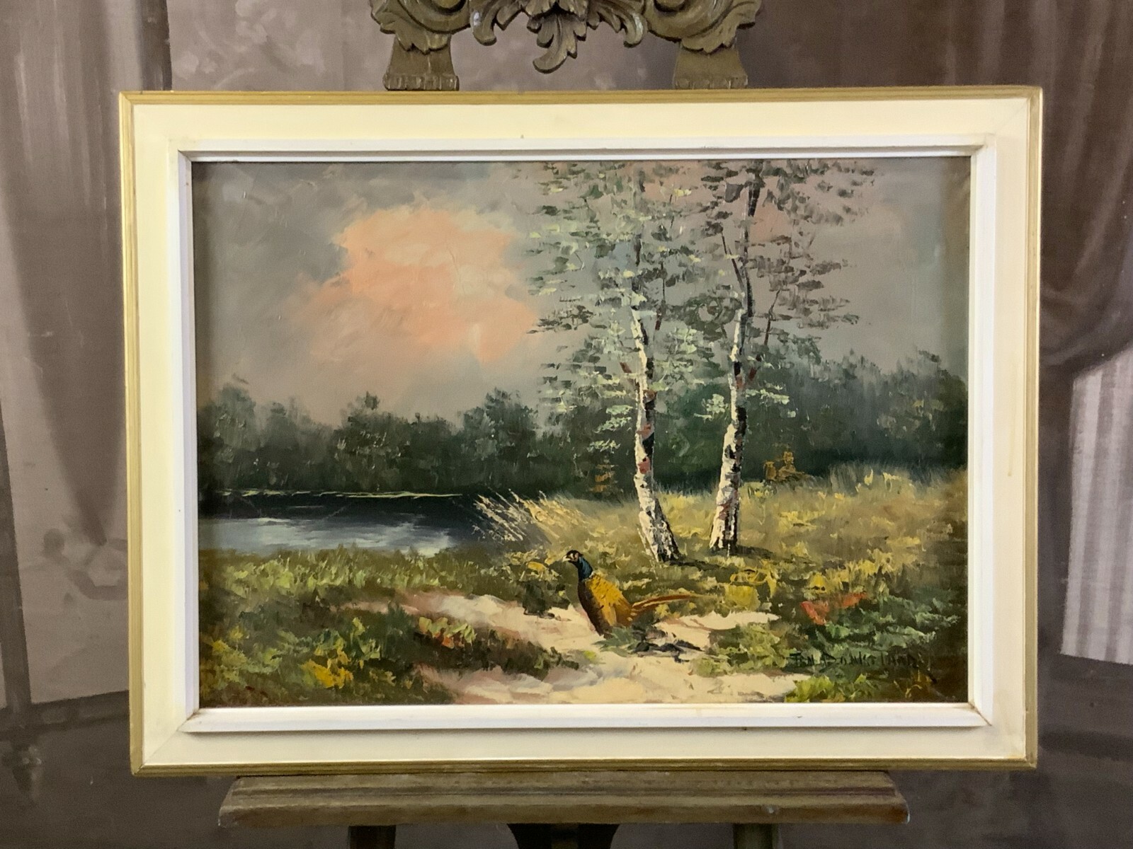 ÖL GEMÄLDE LANDSCHAFT WALDANSICHT MIT WEIHER MIT RAHMEN 81x60cm – Bild 3