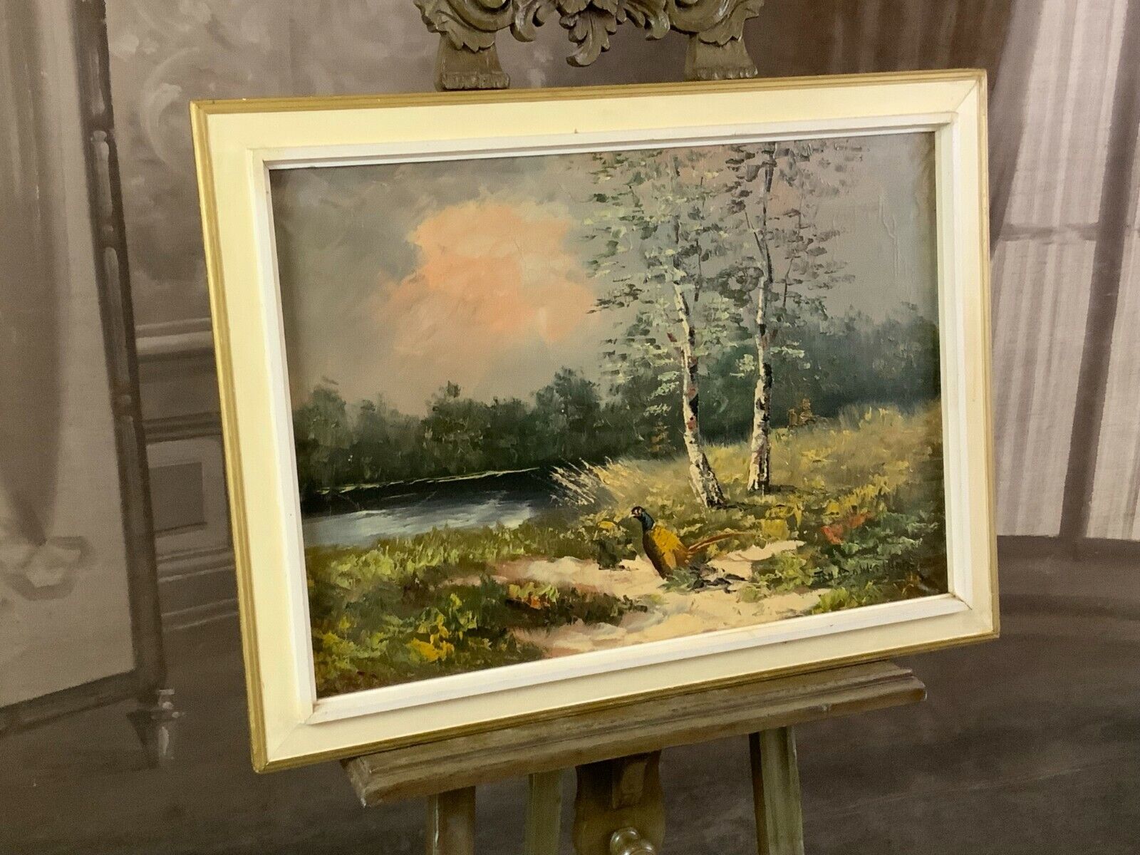 ÖL GEMÄLDE LANDSCHAFT WALDANSICHT MIT WEIHER MIT RAHMEN 81x60cm – Bild 9