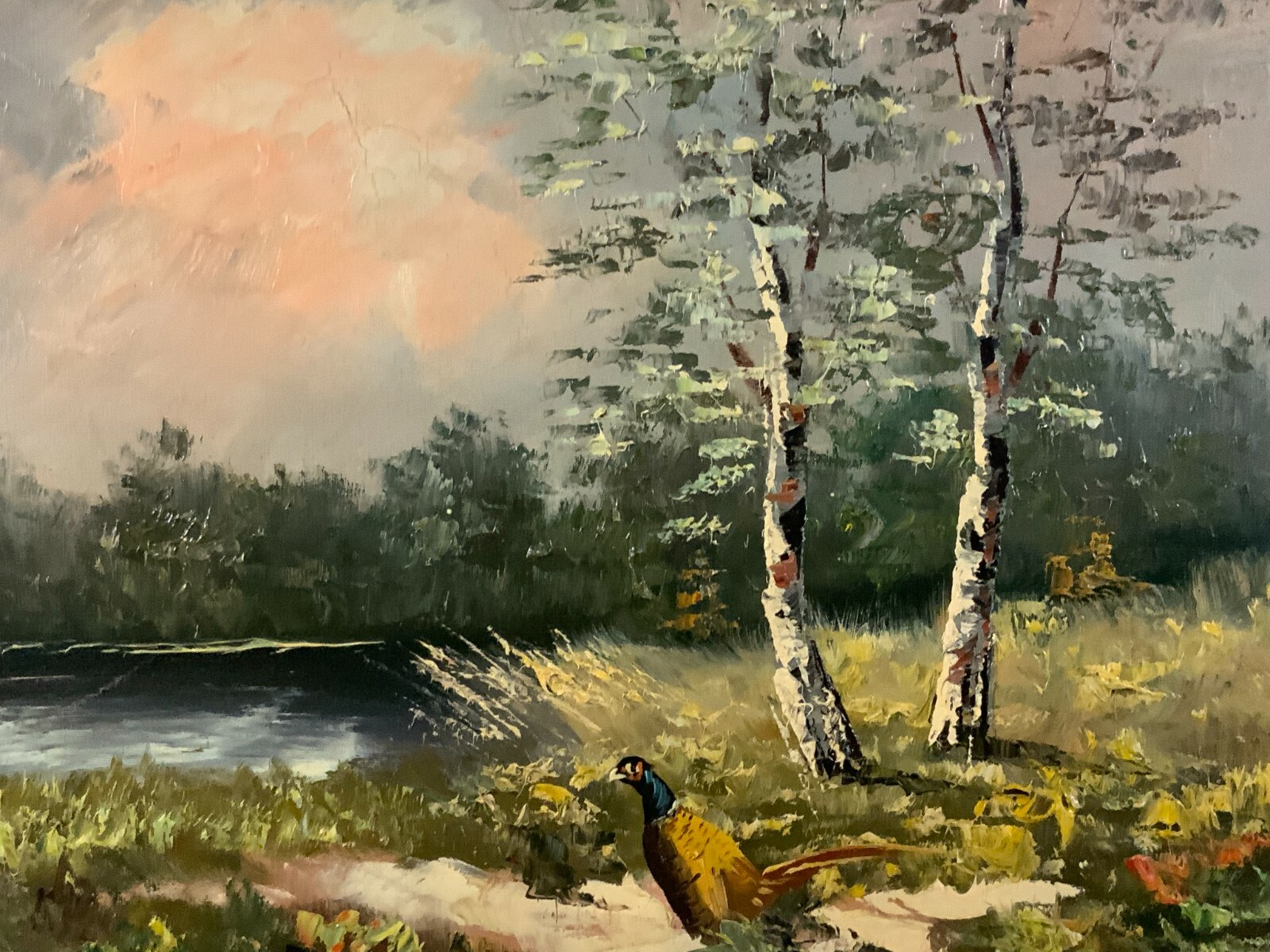 ÖL GEMÄLDE LANDSCHAFT WALDANSICHT MIT WEIHER MIT RAHMEN 81x60cm