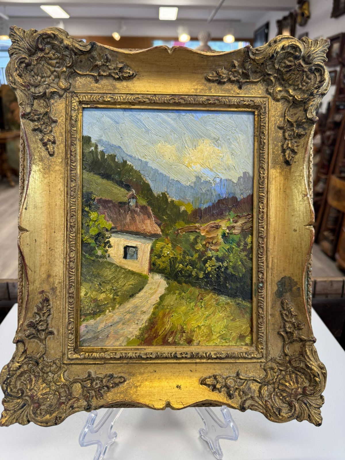 KLEINES ÖLGEMÄLDE IN PRUNKRAHMEN LANDSCHAFT MIT HAUS W. SCHMIDT