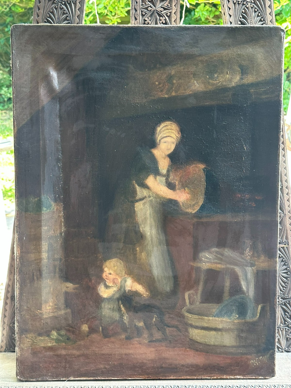 ANTIKES ÖLGEMÄLDE PUTZFRAU MIT KIND UM 1890 MONOGRAMMIERT – Bild 3