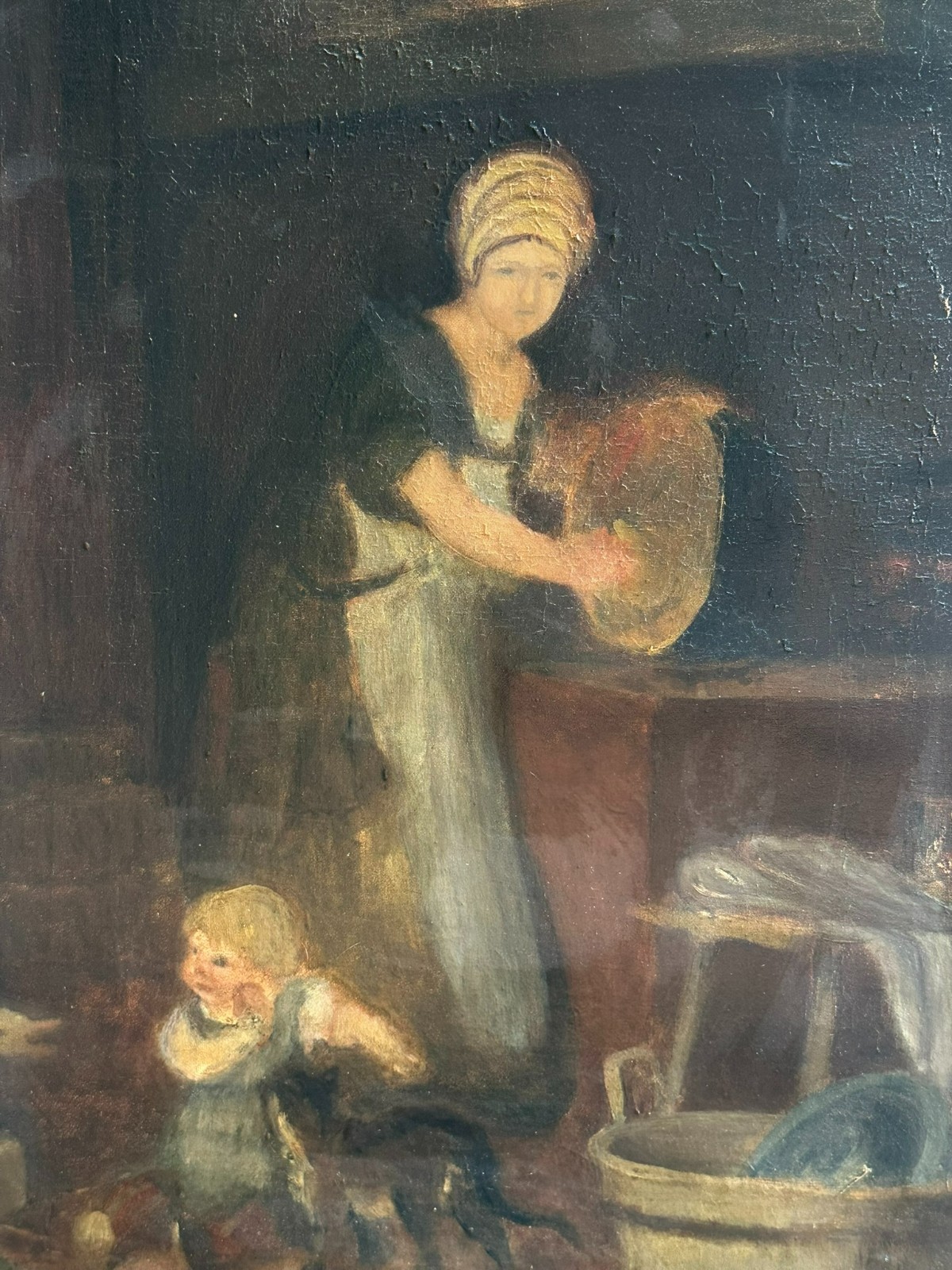 ANTIKES ÖLGEMÄLDE PUTZFRAU MIT KIND UM 1890 MONOGRAMMIERT