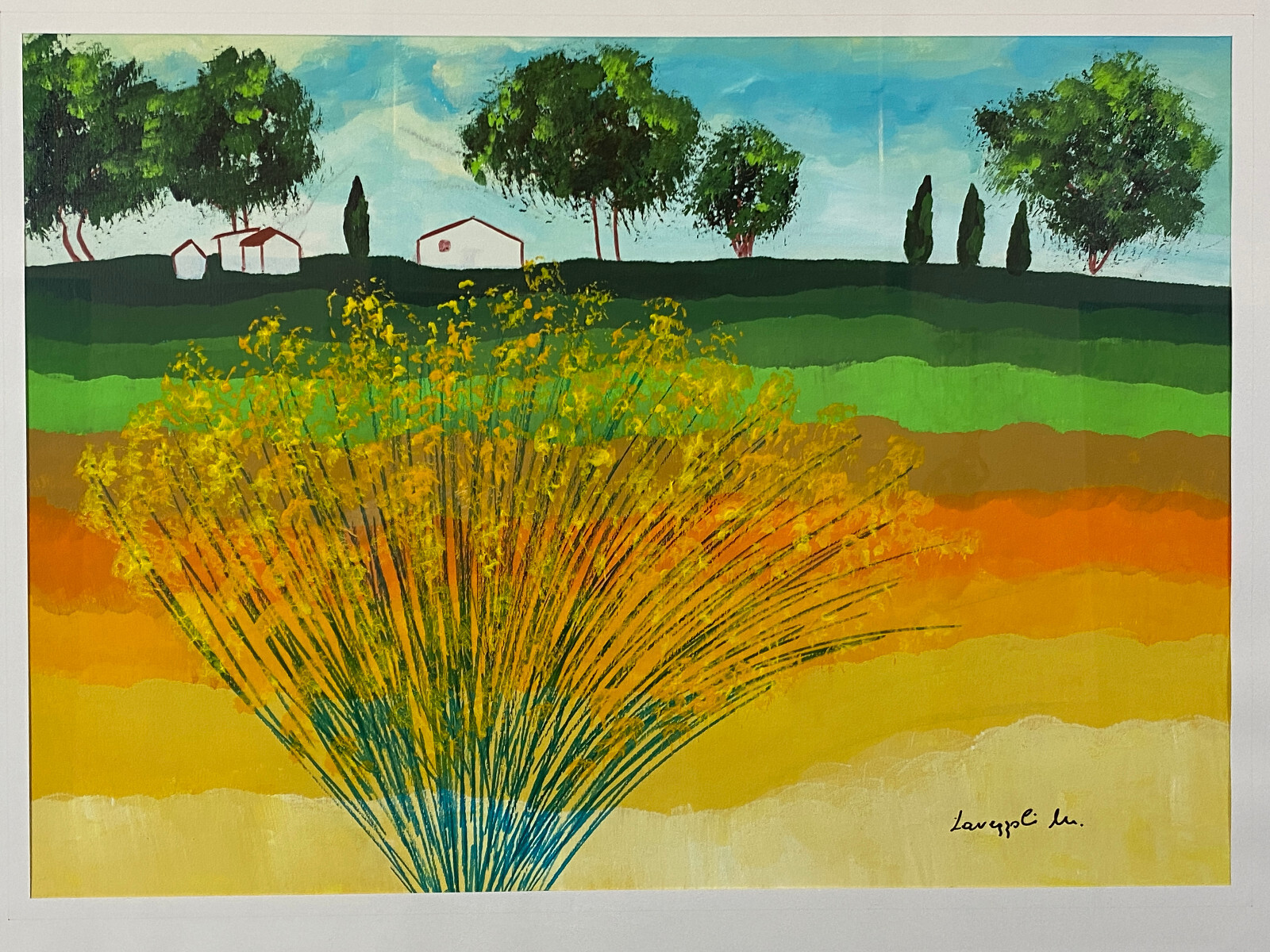 SEHR GROSSES AQUARELL MASSIV GERAHMT SOMMER LANDSCHAFT SIGNIERT M. LAVEZOLLI – Bild 3