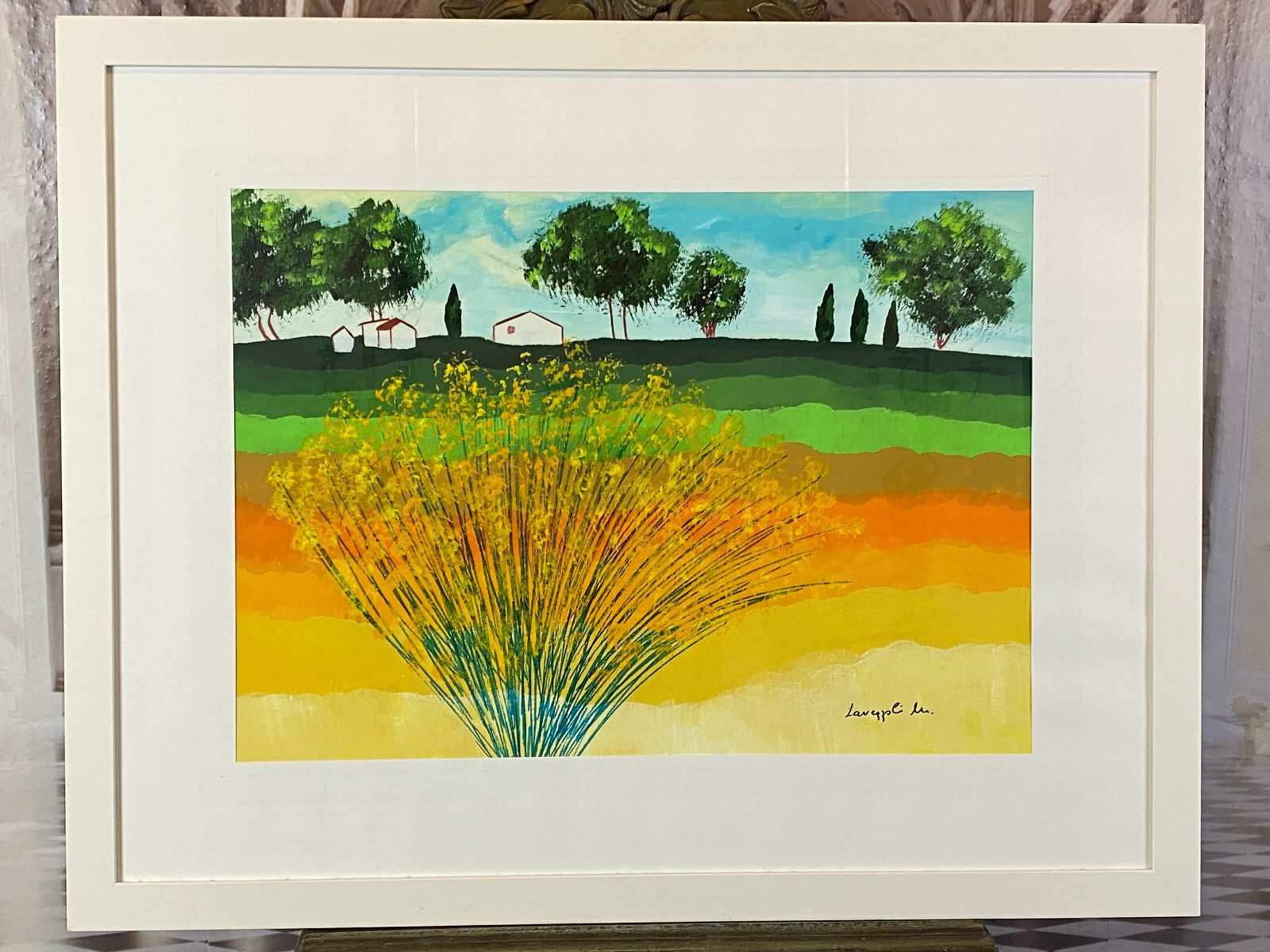 SEHR GROSSES AQUARELL MASSIV GERAHMT SOMMER LANDSCHAFT SIGNIERT M. LAVEZOLLI – Bild 4