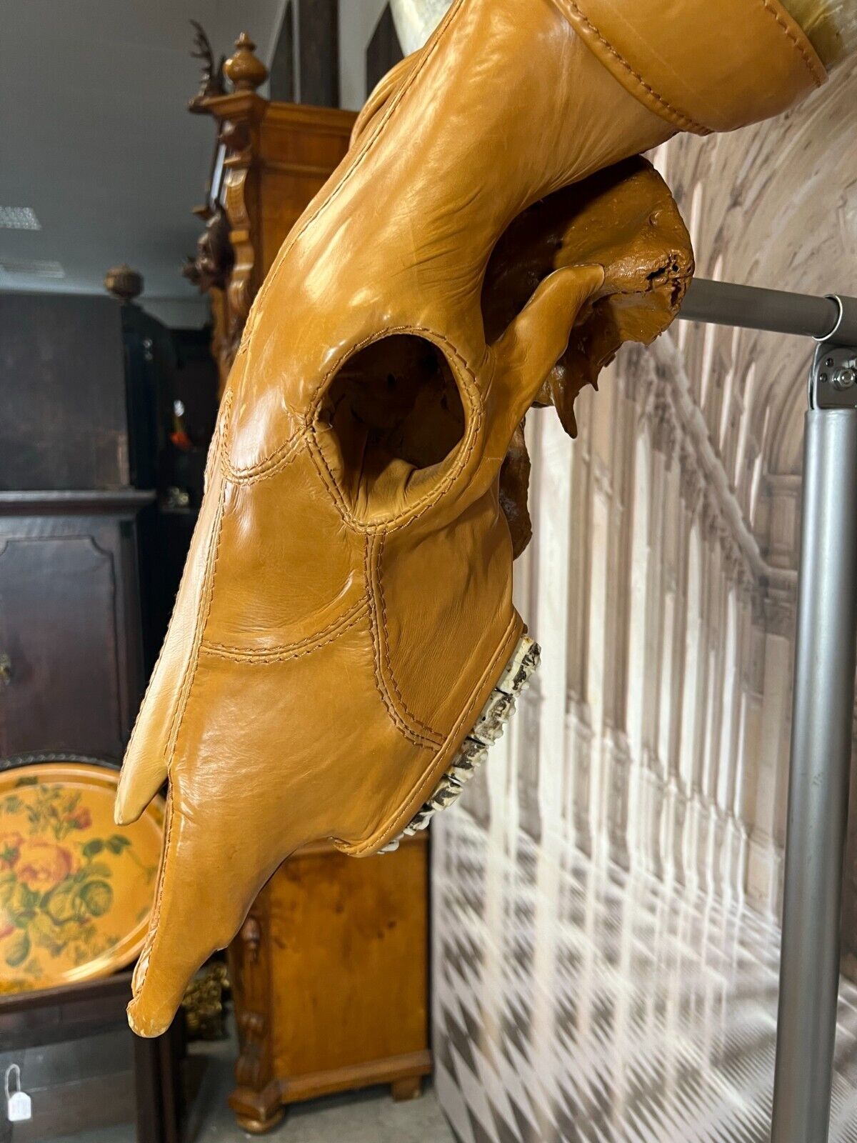 LONGHORN STIER SCHÄDEL IN LEDER BEZOGEN AUF EDELSTAHL GESTELL 225cm ex TRUSSARDI – Bild 8